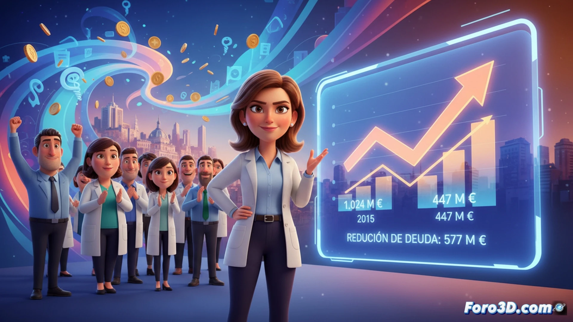 3D model of a column that decreases, representing the reduction of Madrid's healthcare debt with Quirónsalud between 2015 and 2022.