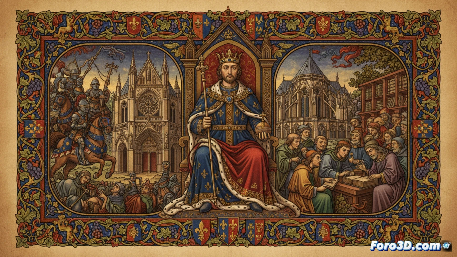 Vista en 3D de una pagina iluminada de las Grandes Cronicas, mostrando el relieve de la tinta y la textura del pergamino antiguo.