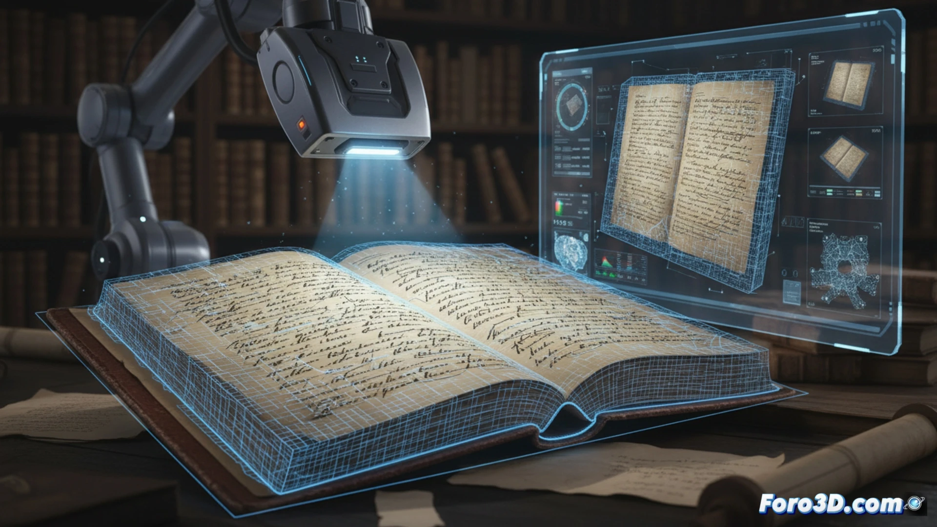 Escaner 3D capturando la superficie de un manuscrito antiguo con tachaduras y anotaciones en tinta.