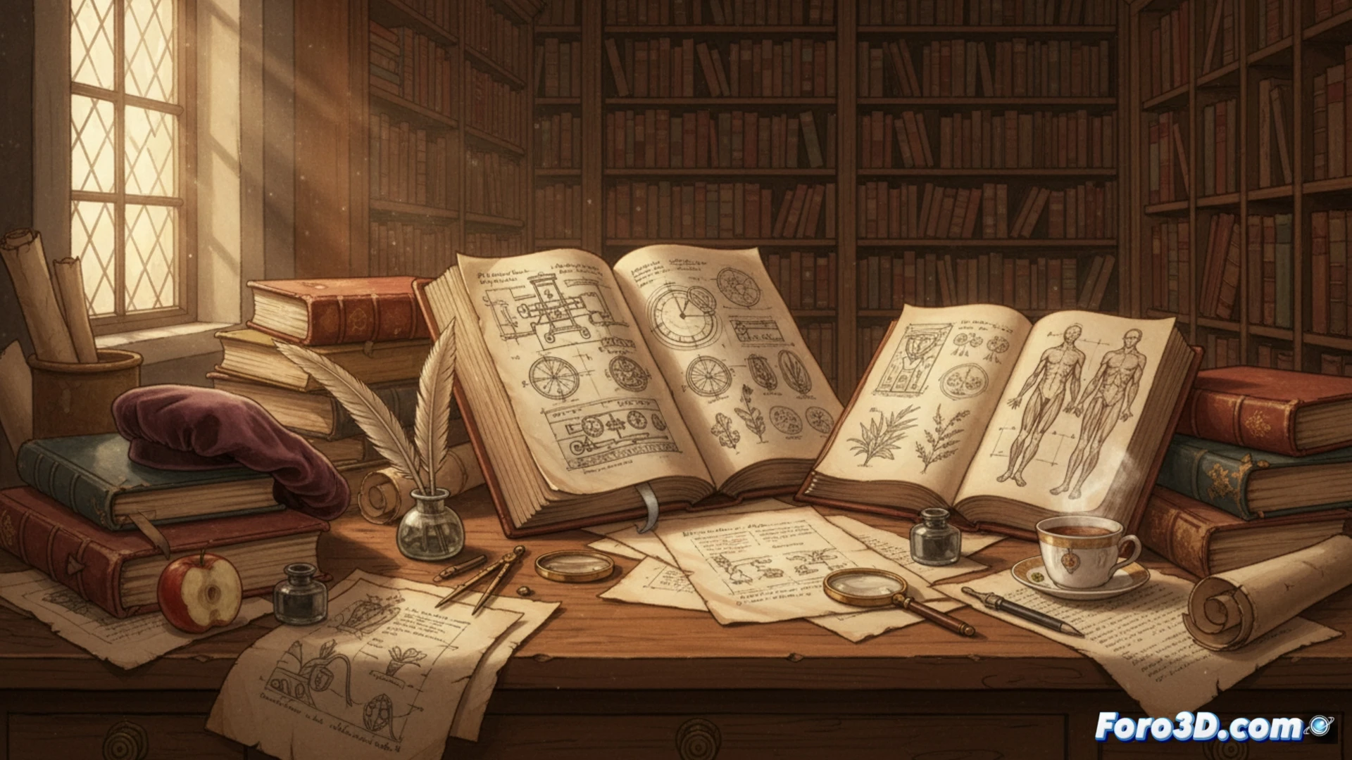 Borradores manuscritos de la Enciclopedia escaneados en 3D sobre una pantalla digital, mostrando detalles de texto y anotaciones.