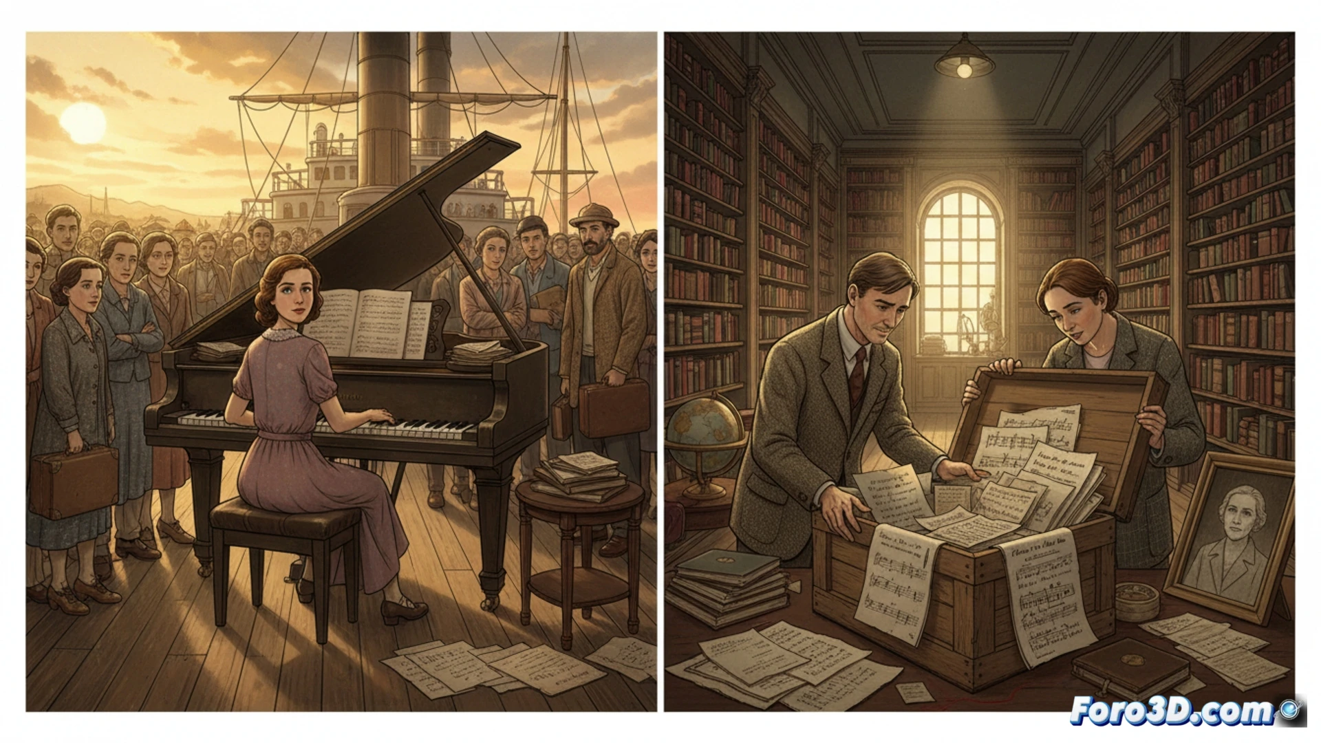 Escaner 3D digitalizando una antigua partitura manuscrita sobre un atril, capturando cada detalle y textura del papel.