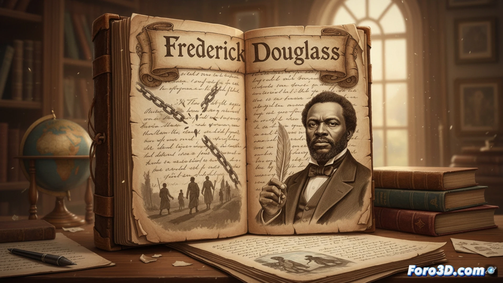 Frederick Douglass en 3D, su manuscrito cobra vida como un modelo digital interactivo sobre un fondo de circuitos.
