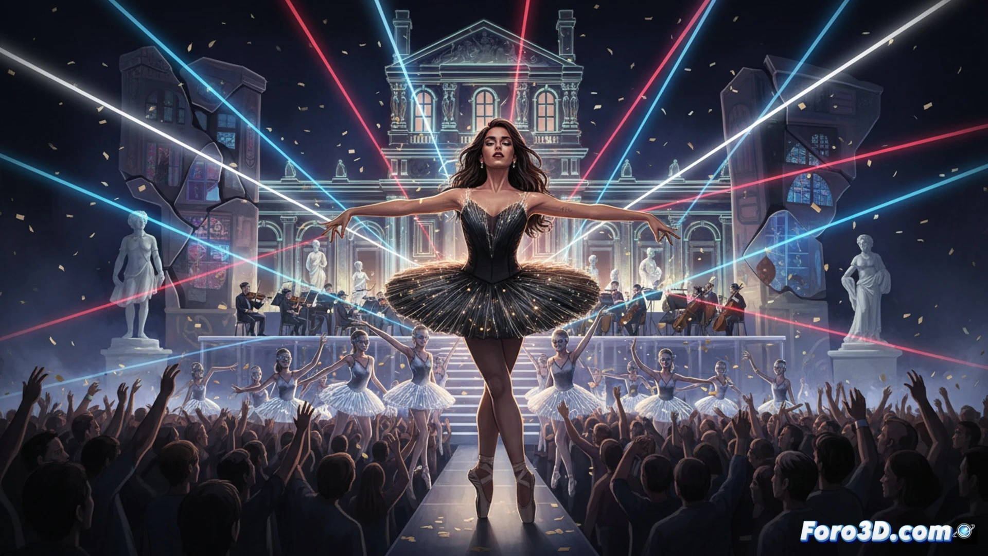 Maqueta 3D de la escenografía transformable para el concierto de Rosalía, mostrando sus diferentes configuraciones estructurales.