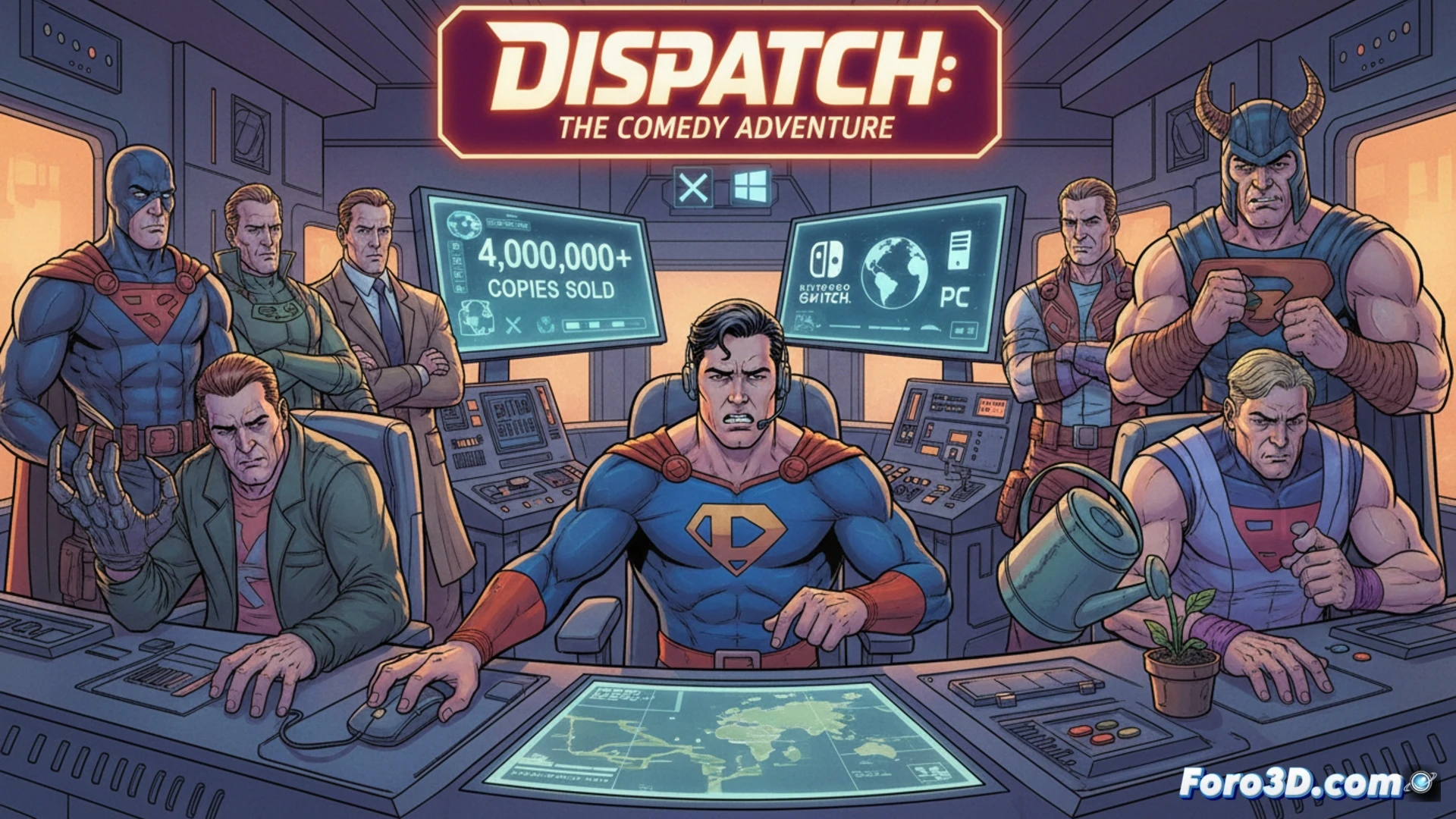 Un personaje de Dispatch observa un grafico de ventas ascendente con expresion de sorpresa comica.