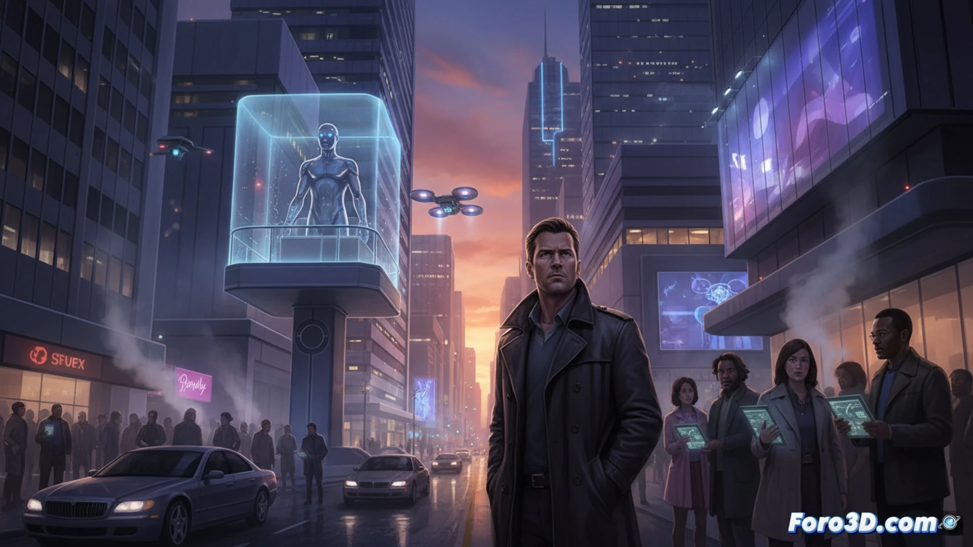 Un detective camina por calles de Los Angeles del 2029, con sutiles pantallas holograficas y vehiculos autonomos integrados.