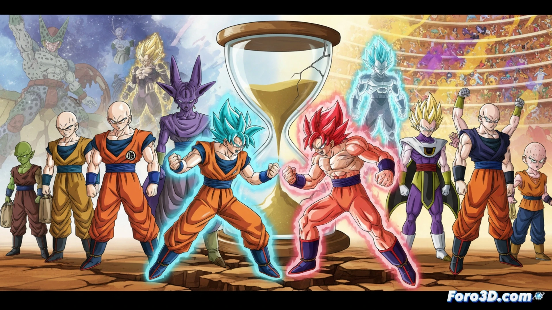 Goku y Vegeta enfrentan un enemigo descomunal, mientras otros guerreros observan desde lejos, simbolizando desbalance.