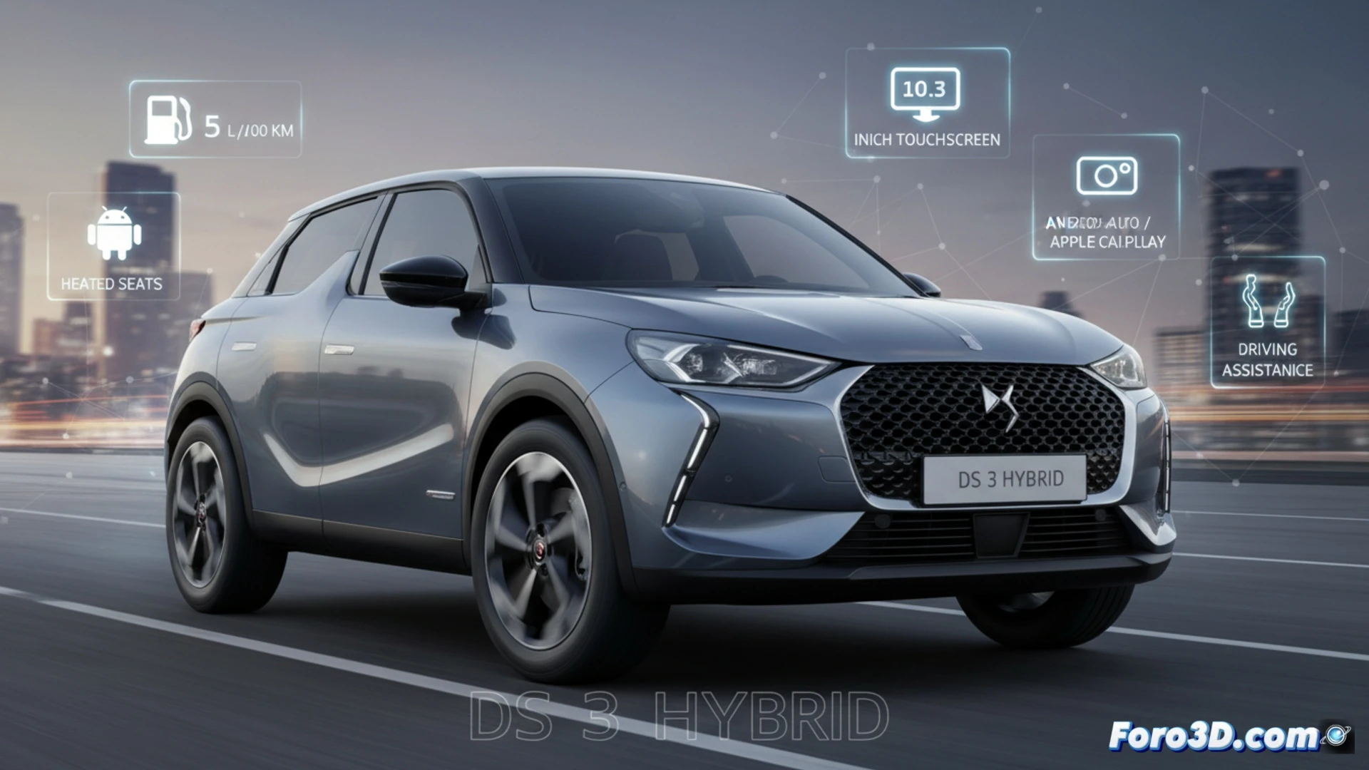 Modelo 3D alámbrico del DS 3 Hybrid mostrando su arquitectura híbrida y componentes ADAS en detalle.