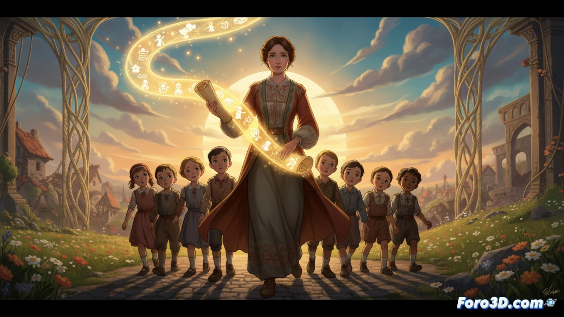 Una mujer con un pergamino luminoso cruza paisajes devastados, seguida por niños de todas las naciones, en un estilo de cuento clásico animado.