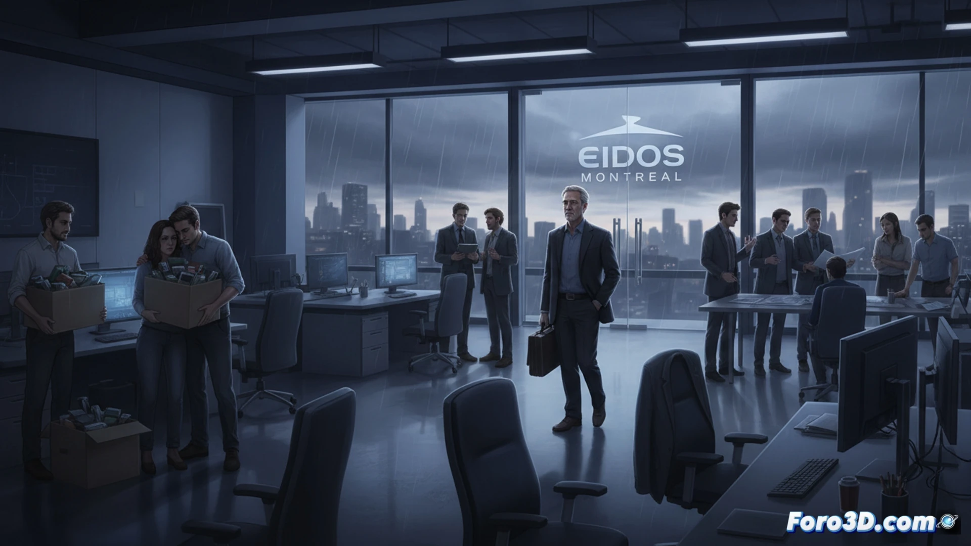 Fachada moderna del edificio de Eidos Montreal, con un cielo nublado que refleja el ánimo sombrío de los despidos anunciados.