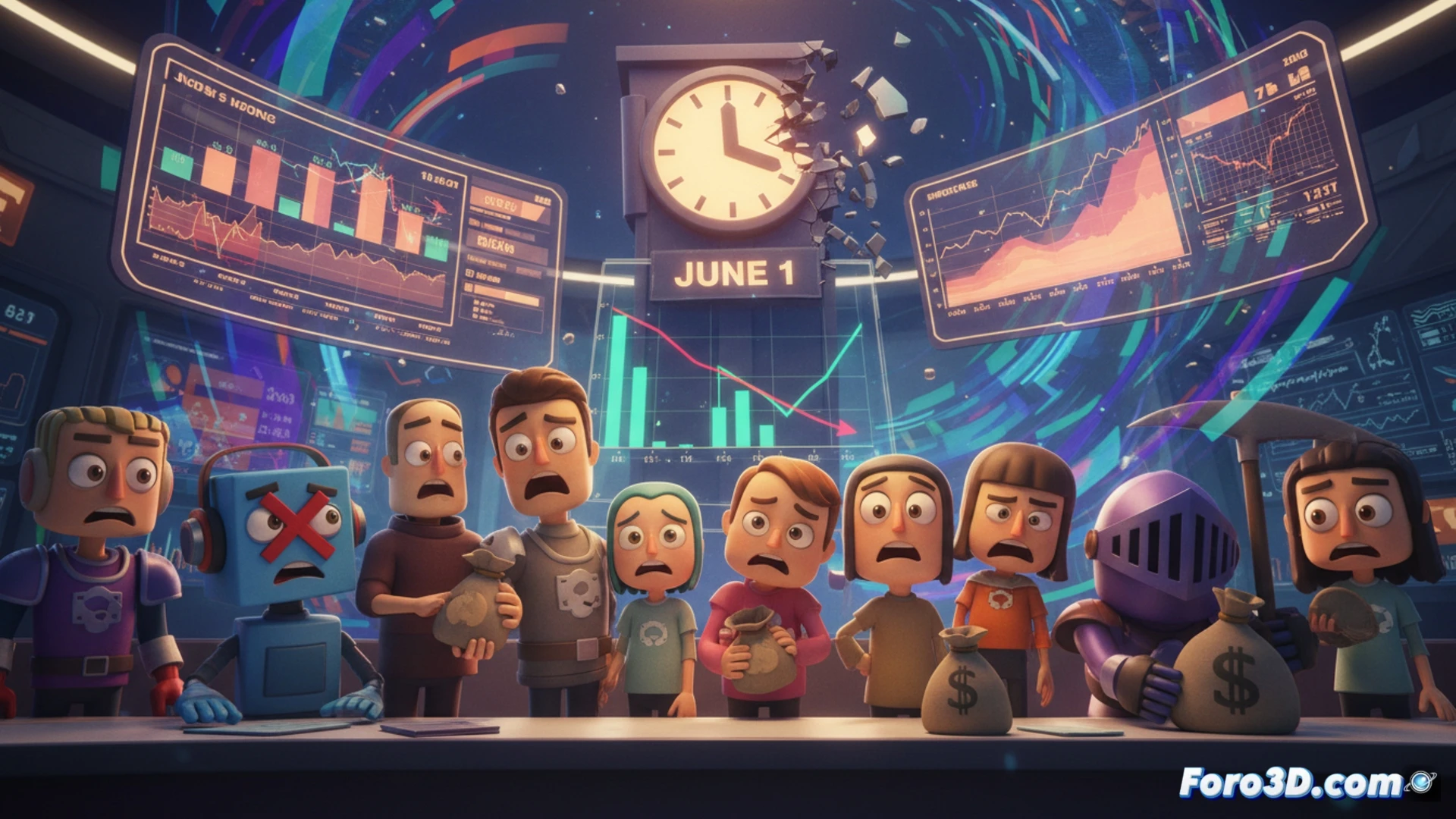 Un avatar triste en un mundo virtual colorido, con un cartel de cerrado colgado en una puerta digital.