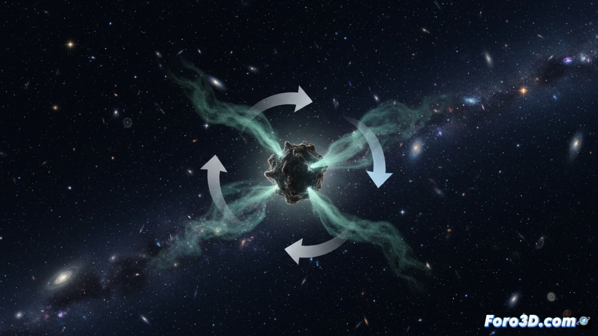 Representacion 3D del cometa 41P cambiando su direccion de rotacion, mostrando su nucleo y chorros de gas.