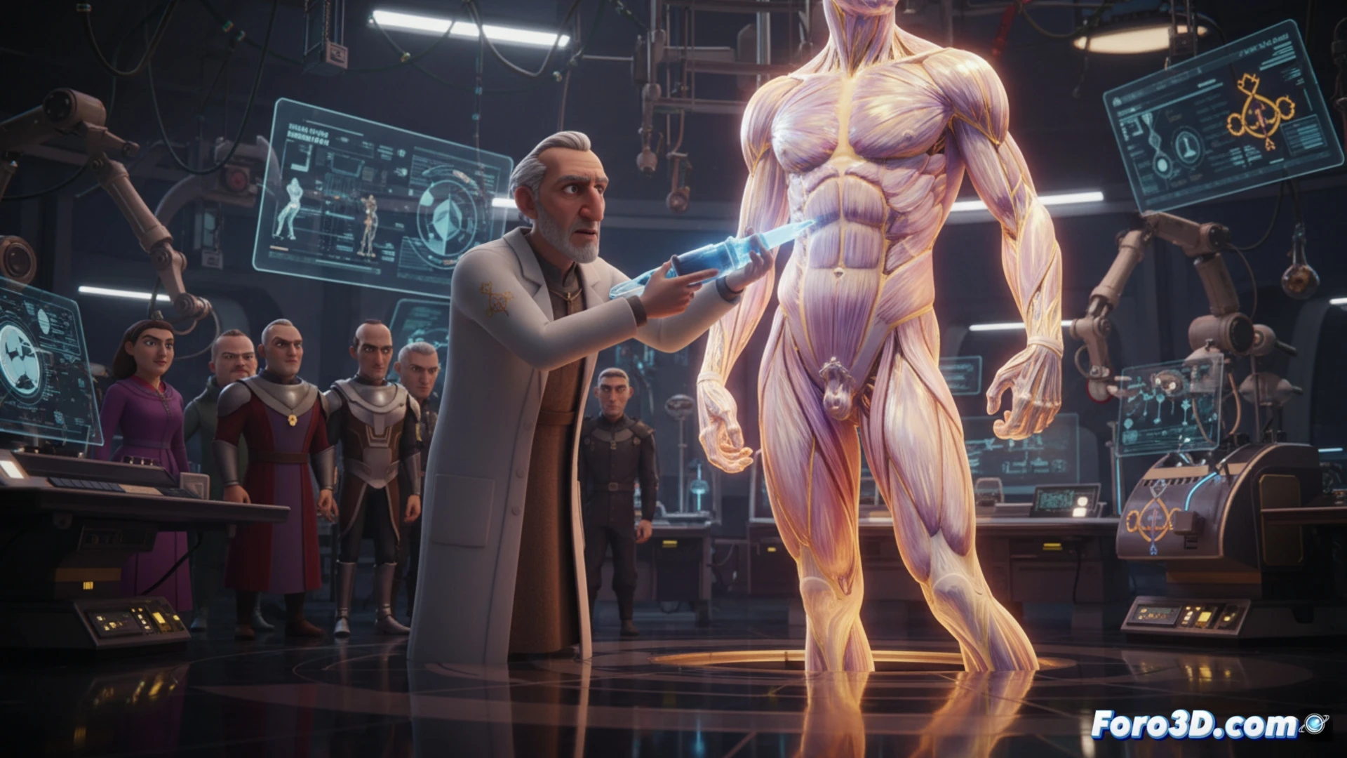 Un ingeniero genético esculpe con un cincel laser el cuerpo de un supersoldado biologico impreso en 3D en un laboratorio oscuro.