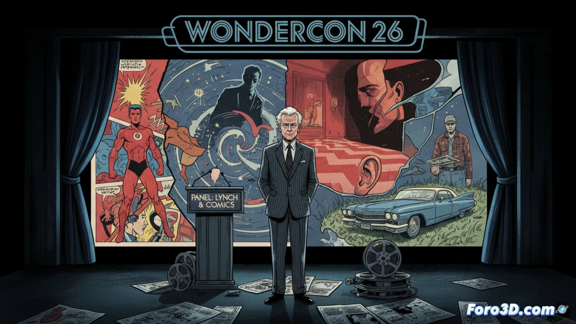 David Lynch observa un cómic de Jack Kirby, con escenas de Twin Peaks y personajes kirbyanos fundiéndose en el fondo.