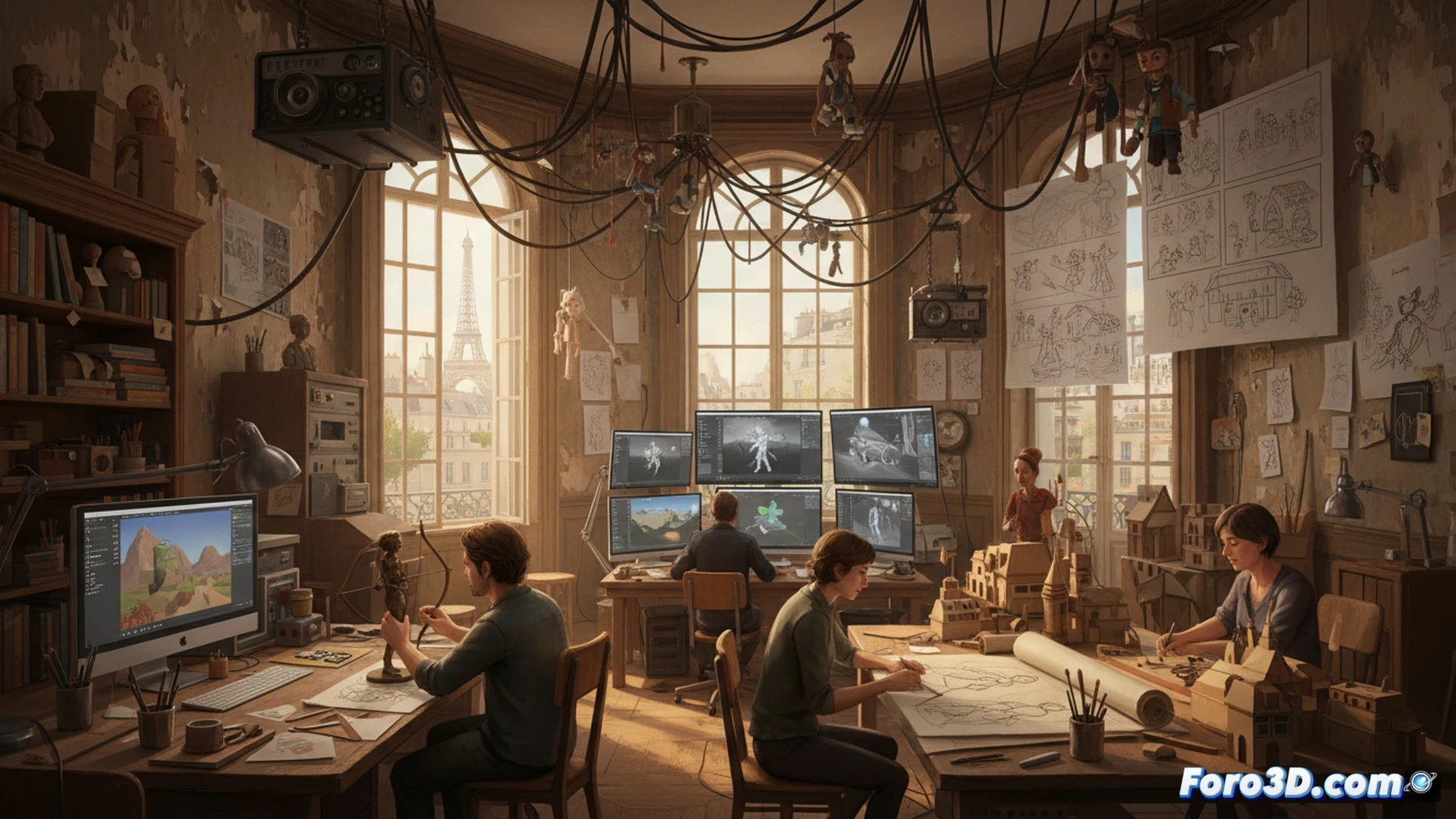 Un equipo trabaja en una casa acogedora, rodeado de plantas y pantallas, creando arte 3D en un entorno artesanal y colaborativo.