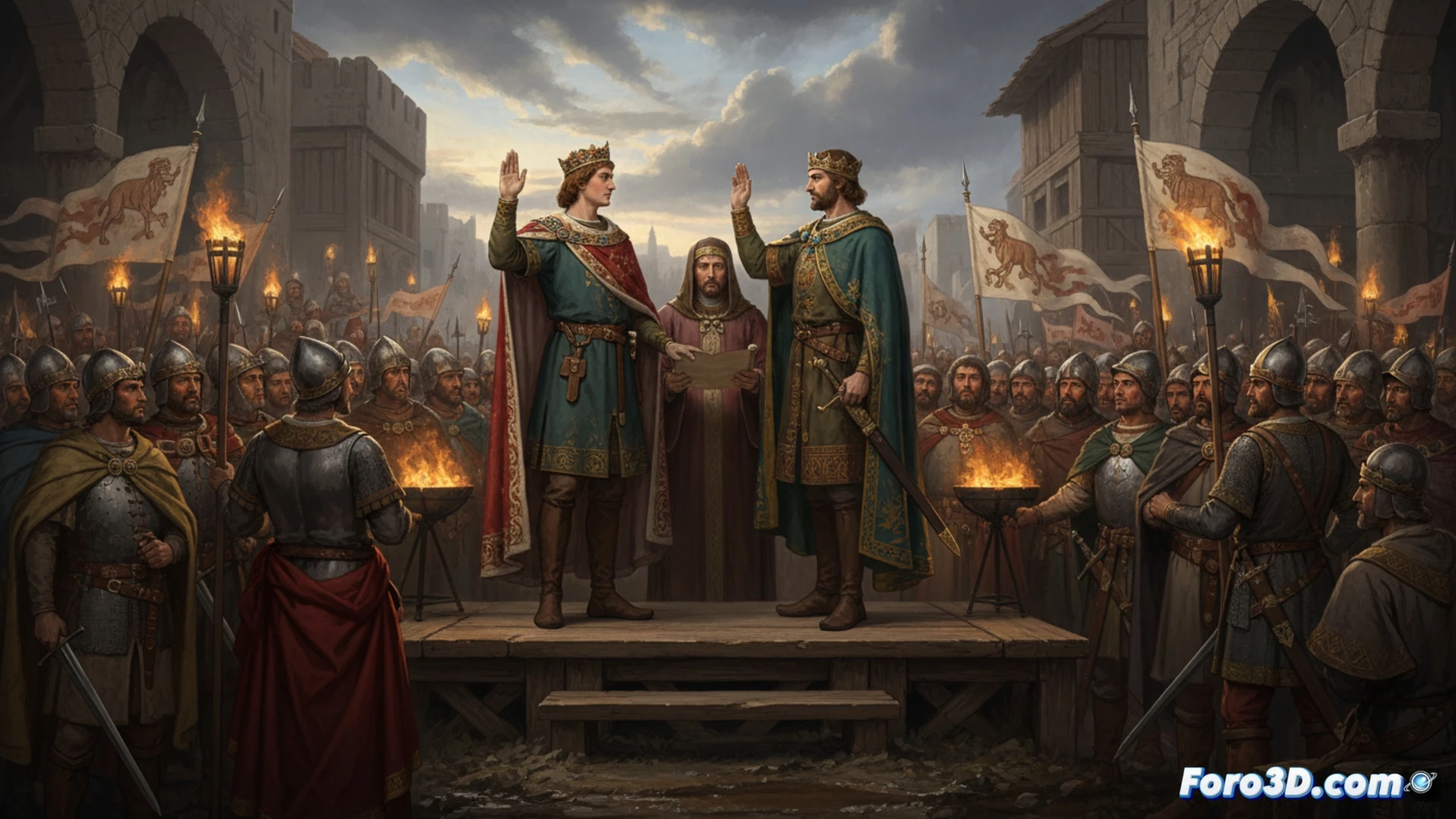 Recreacion 3D de un pergamino antiguo con el texto del Juramento de Estrasburgo, mostrando detalles de tinta y piel.