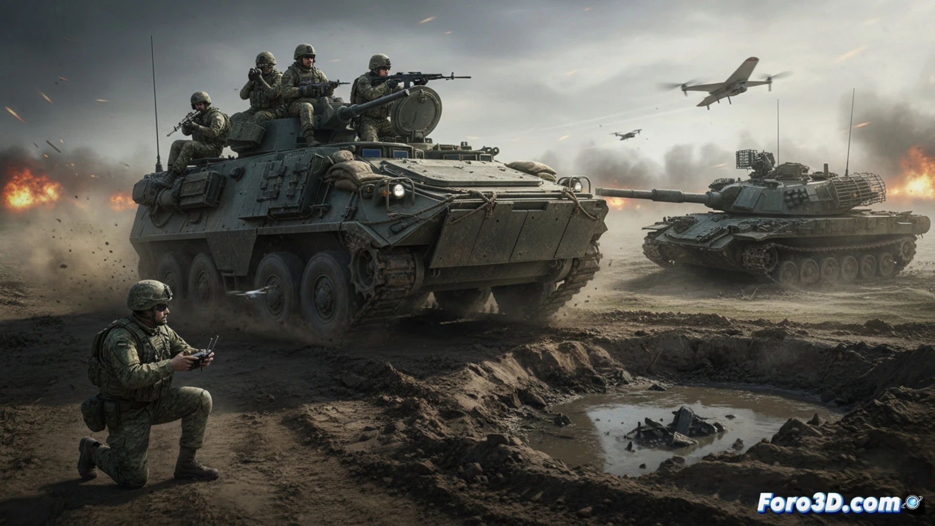 Modelo 3D del M113 mostrando su blindaje ligero, compartimento de tropas y motor trasero, en un entorno de campo ucraniano.