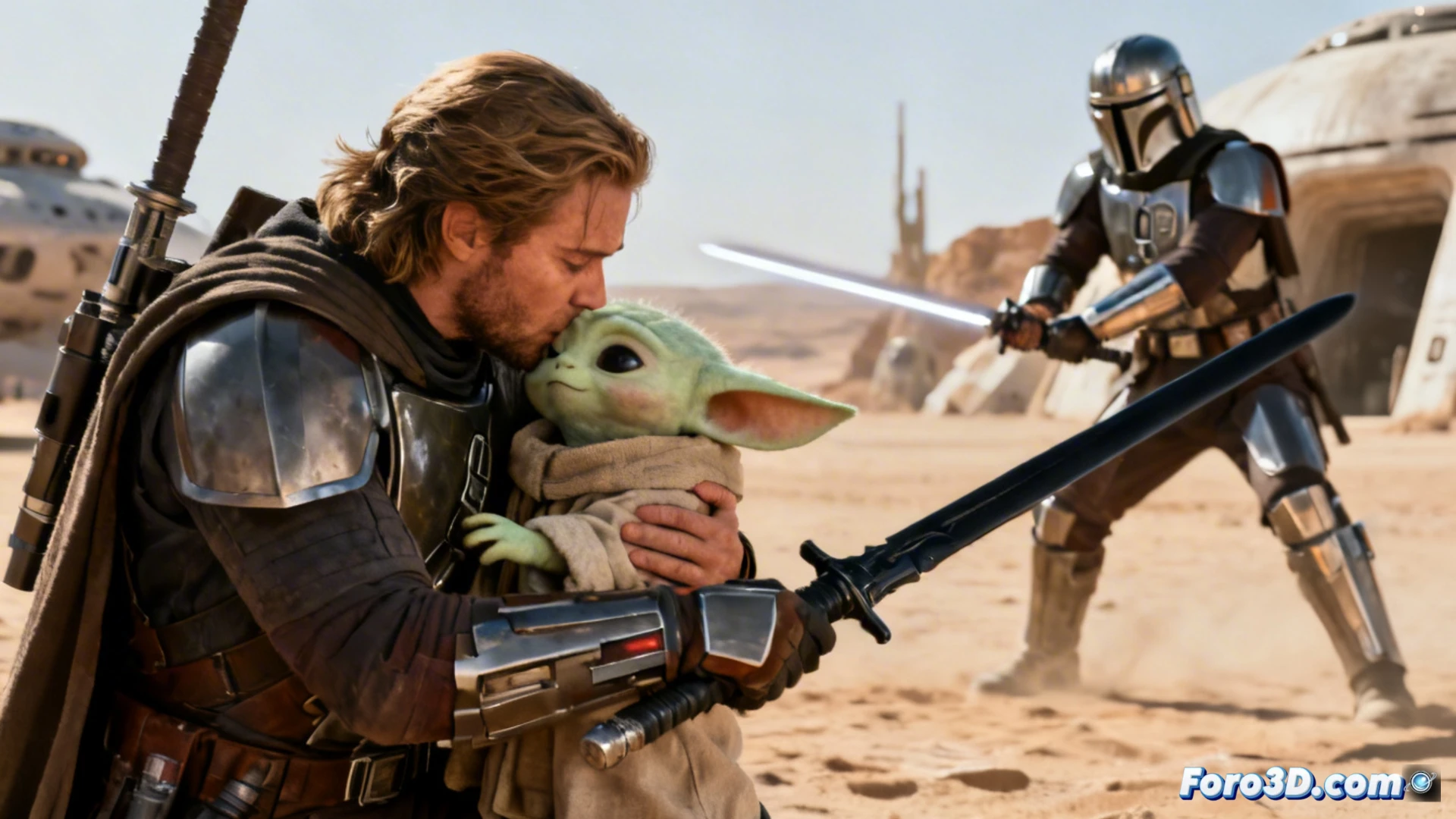 Din Djarin observa desde su nueva nave, la imagen refleja su soledad y determinacion en tonos frios y metalicos.