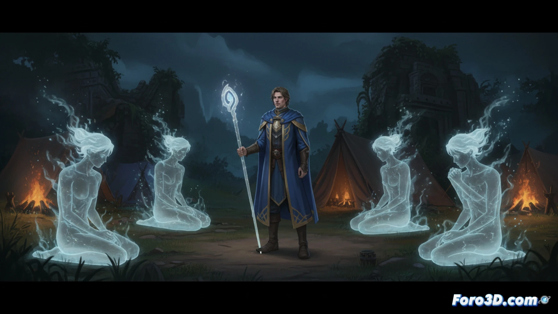 Four models of the wizard Gale, invisible and without clothes, floating in an empty space behind the game's main camp.