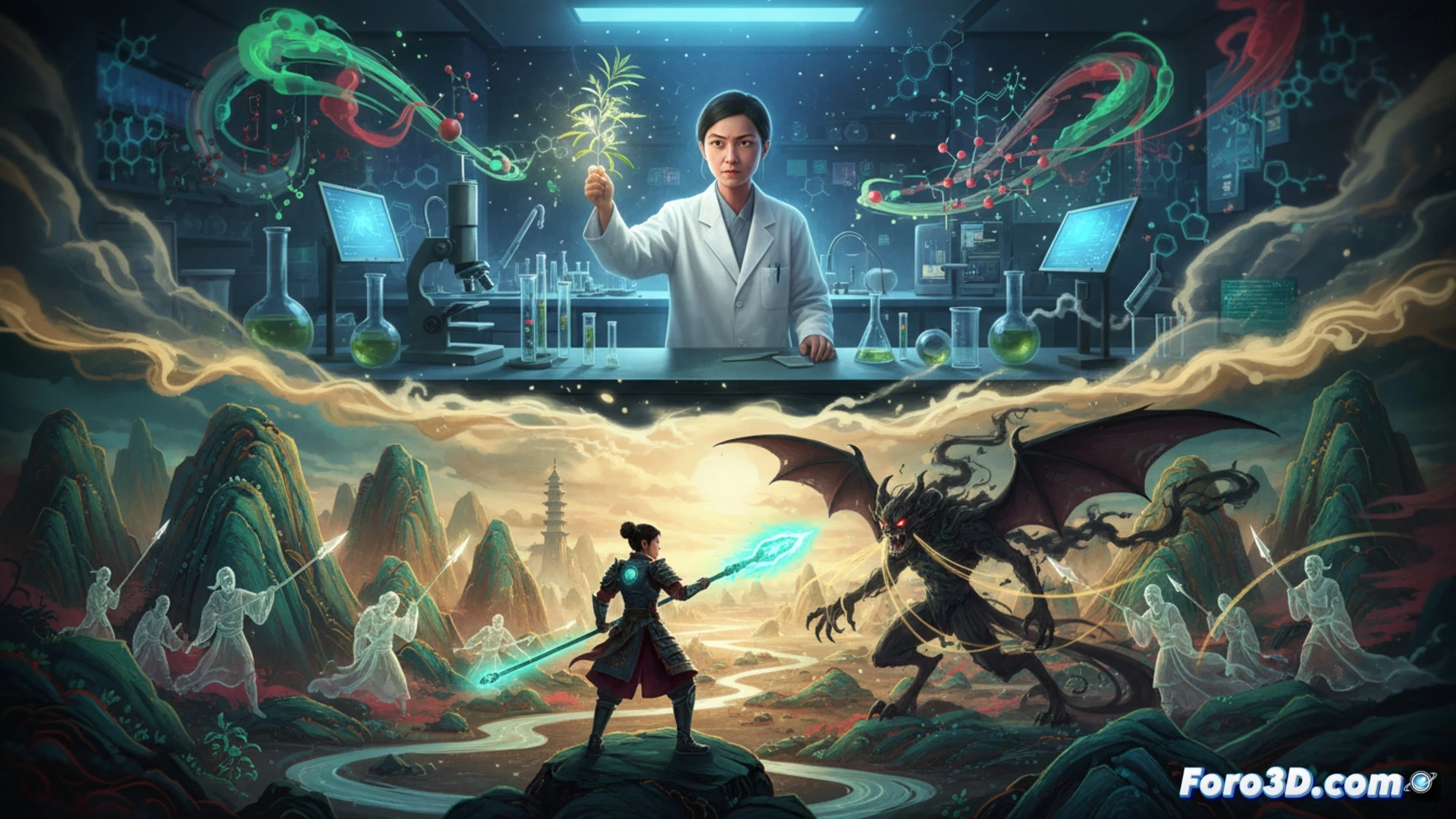 Una científica en un laboratorio moderno, mientras su reflejo en un antiguo pergamino chino la muestra luchando contra un demonio de jade que simboliza la malaria.