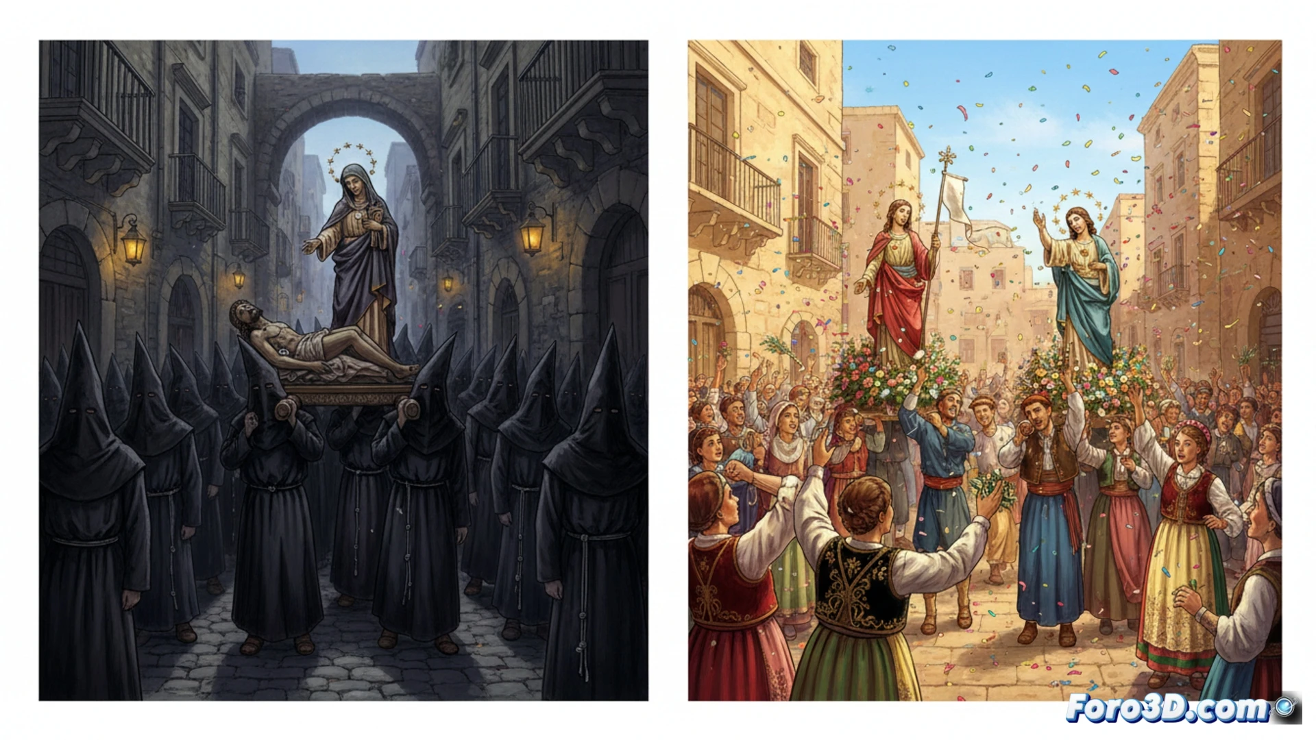 Vista aerea 3D de la procesion de la Paci en Enna, mostrando el recorrido, escenografia y gestion de multitudes.