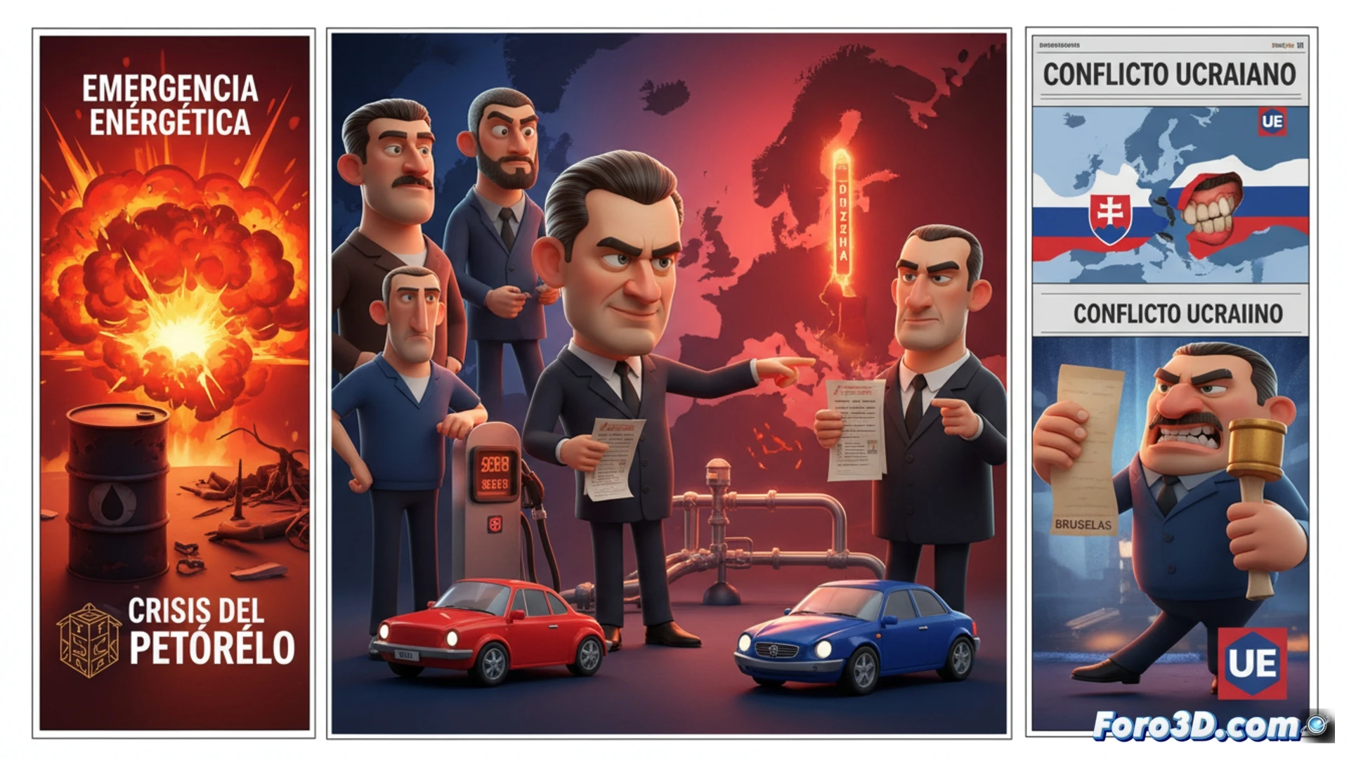 Mapa 3D de Europa mostrando el oleoducto Druzhba y flujos de combustible hacia Eslovaquia con barreras.