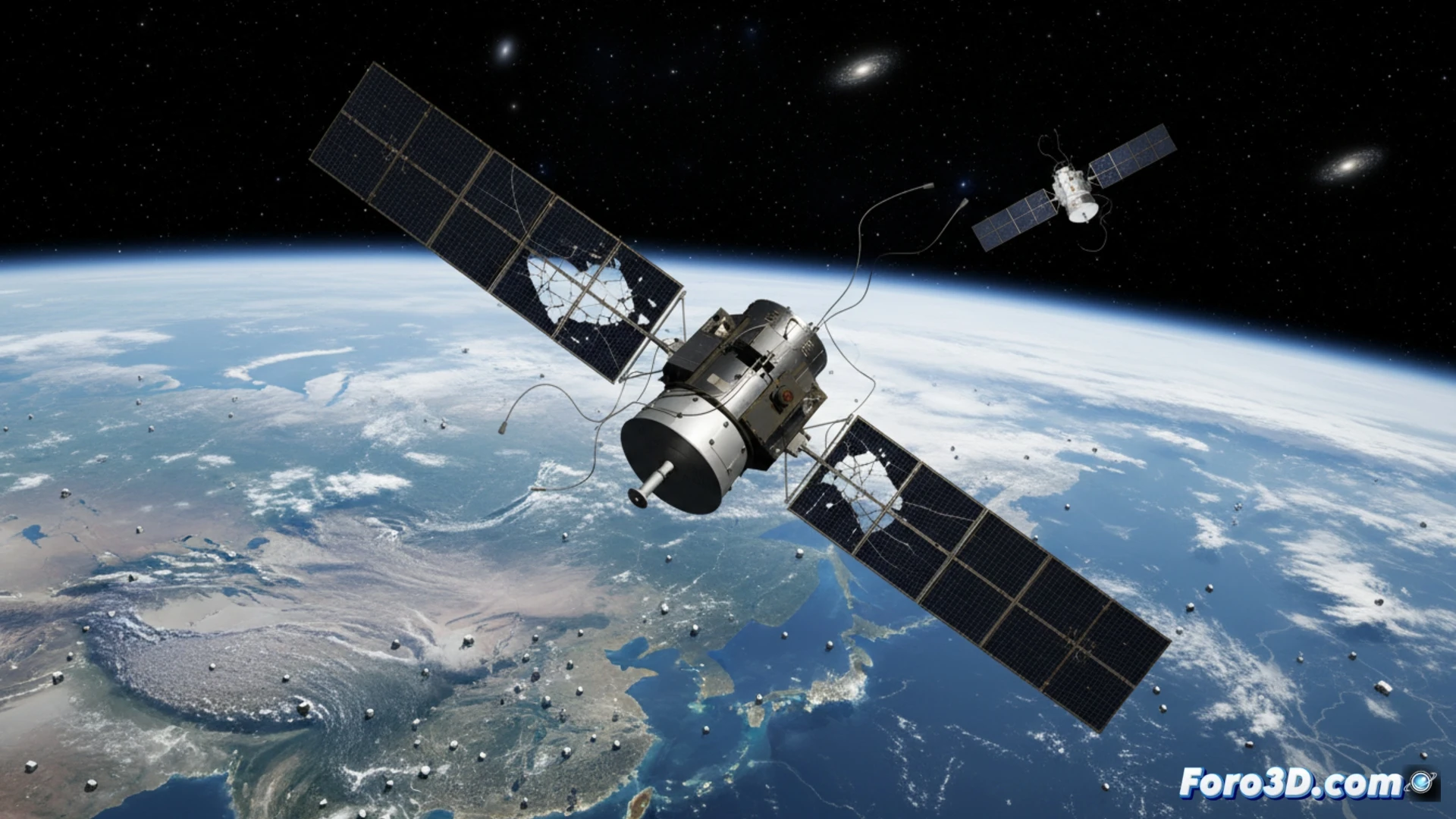 Mapa 3D de Siberia mostrando zona de apagón satelital y rutas criticas de comunicacion.