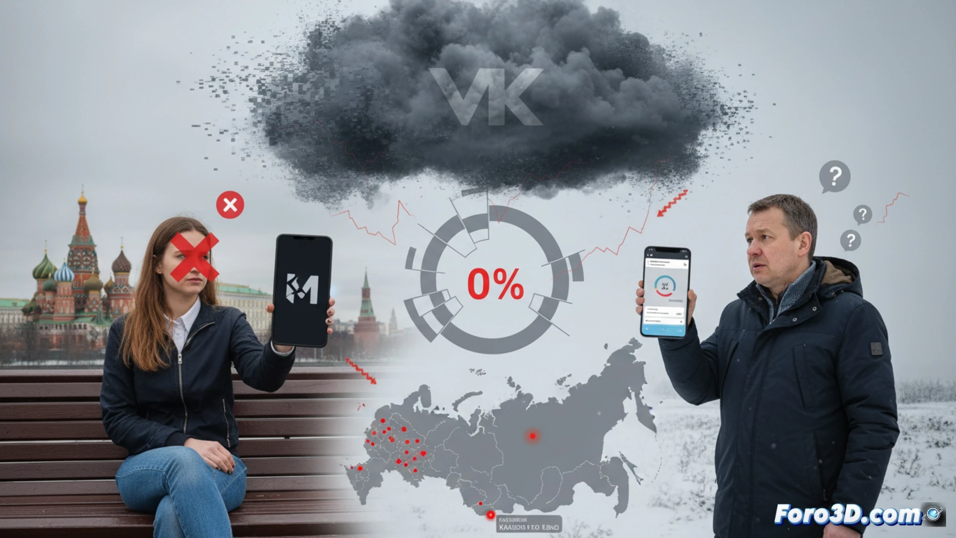 Pantalla de telefono movil mostrando error en la aplicacion de mensajeria Max, con mapa de Rusia de fondo y iconos de advertencia.