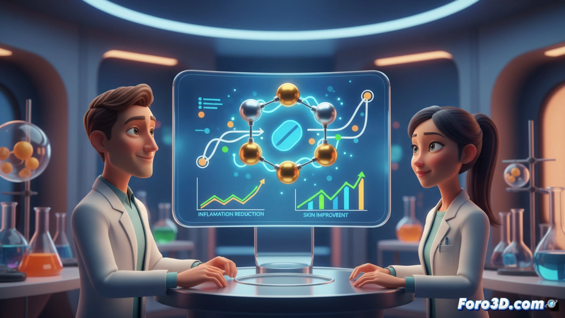 Modelo 3D molecular mostrando un fármaco bloqueando una proteina clave en la inflamacion de la psoriasis.