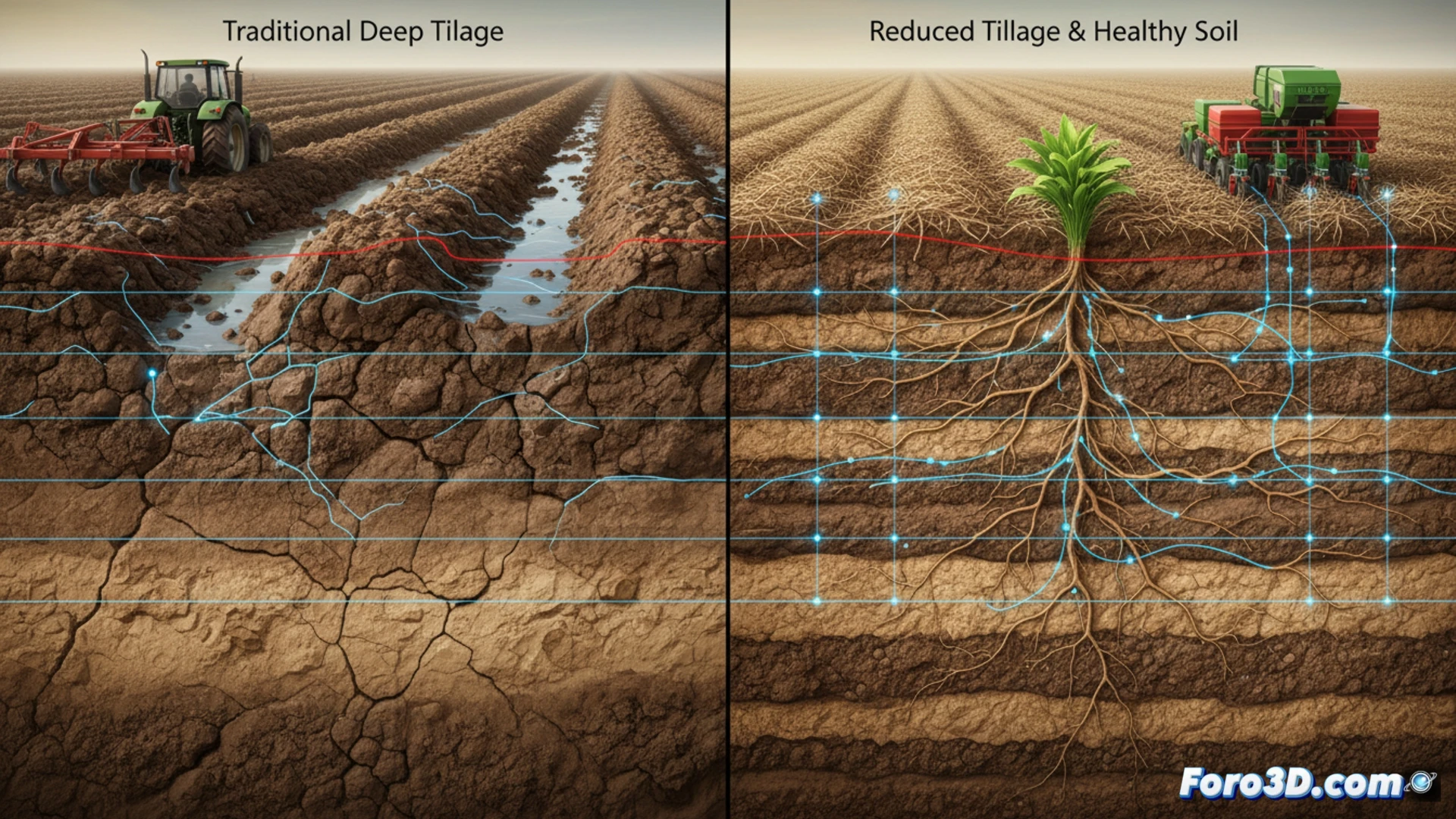 Cable de fibra óptica enterrado en un campo agrícola midiendo la infiltración de agua en el subsuelo.