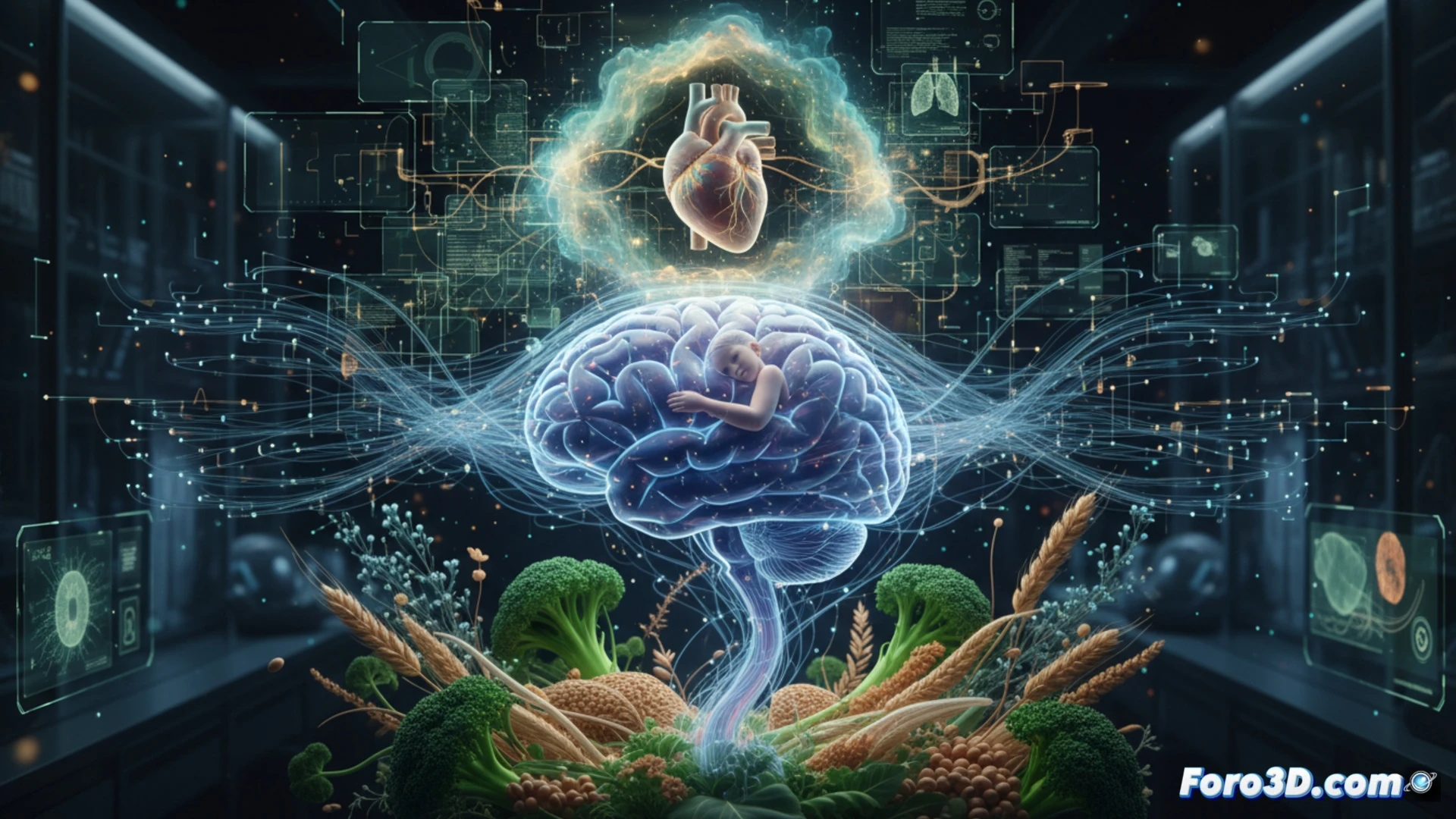 Modelo 3D de un cerebro humano mostrando ondas de sueño profundo y una red de fibras dietéticas interactuando.