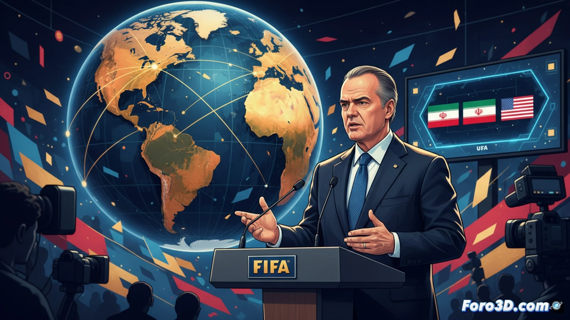 Modelo 3D de un estadio de la FIFA 2026 con superposiciones de datos logisticos y geopoliticos.