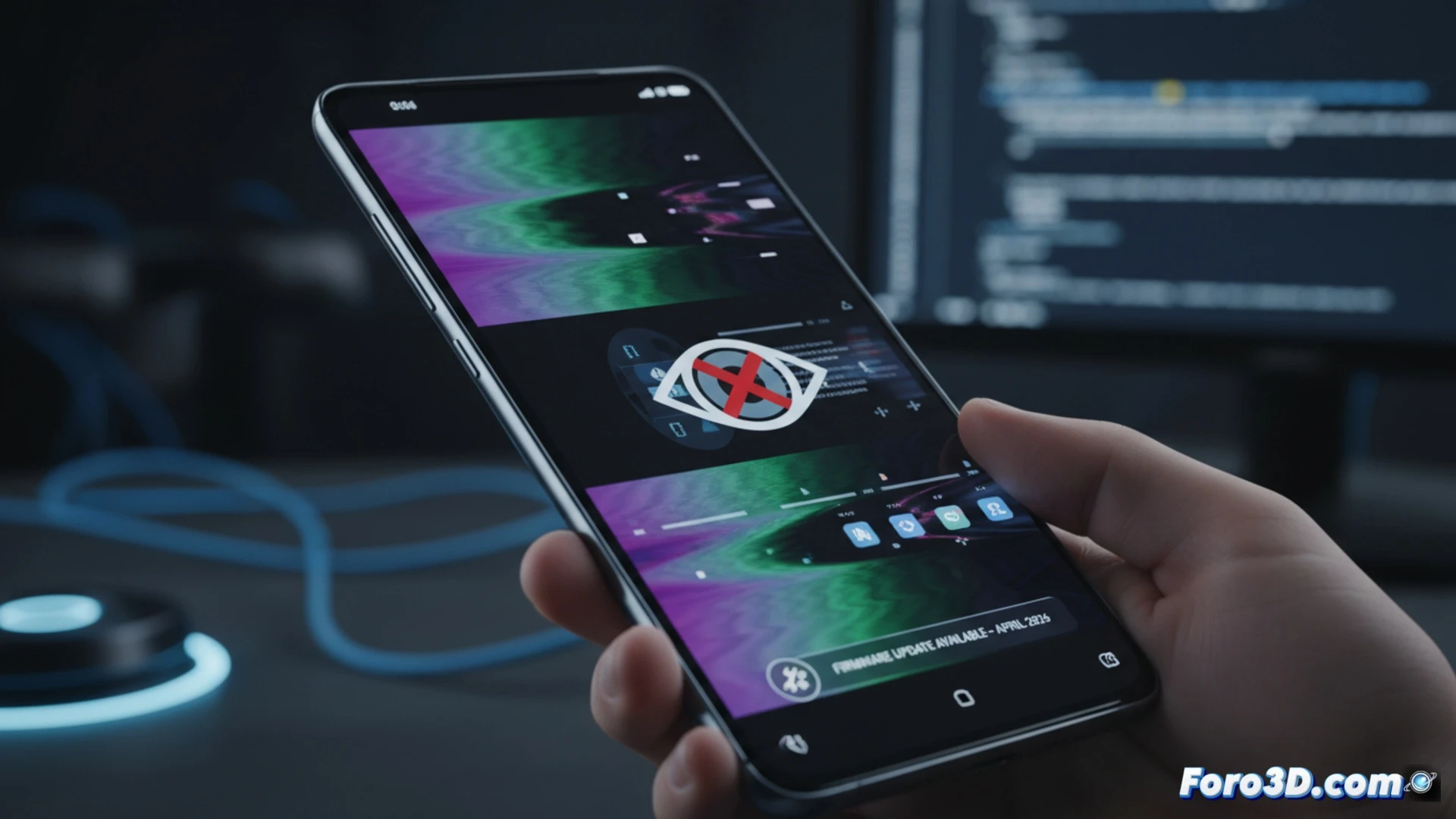 Pantalla de telefono movil Galaxy S26 Ultra mostrando distorsion de color y parpadeo en un modelo 3D.