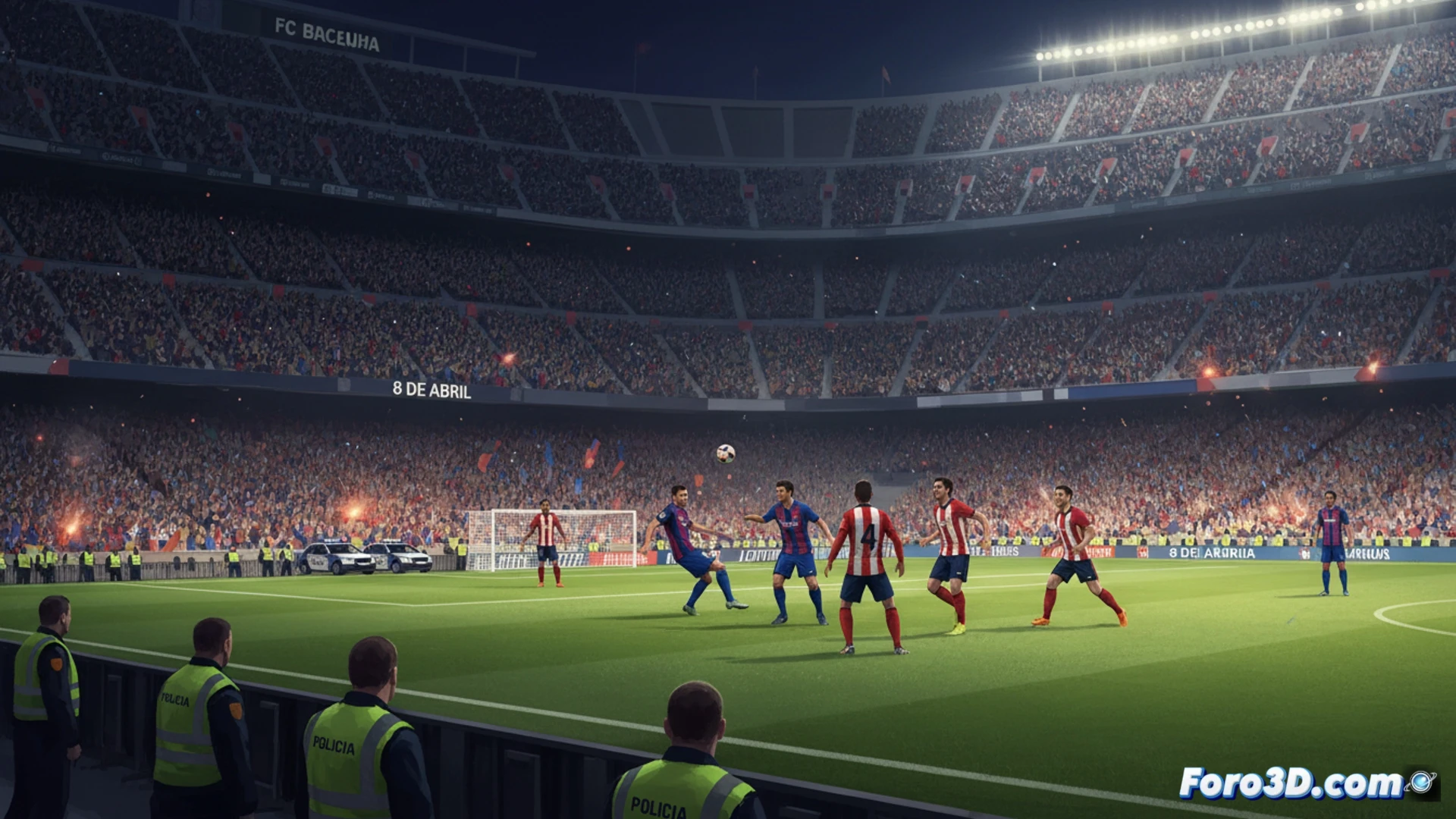 Vista aerea 3D de un estadio de futbol como gemelo digital, con simulaciones de flujos de publico y equipos de seguridad desplegados.