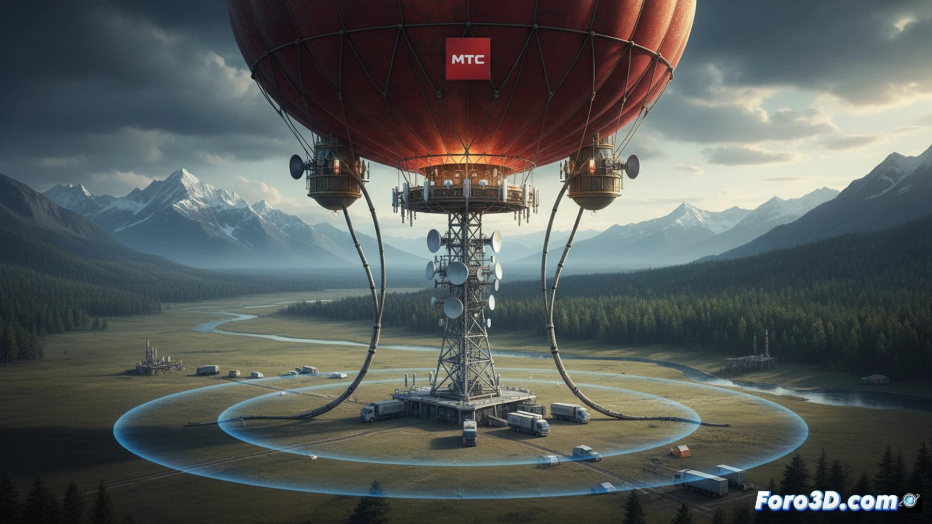 Aerostato anclado a gran altura con antenas LTE y su gemelo digital en una pantalla de control remoto.