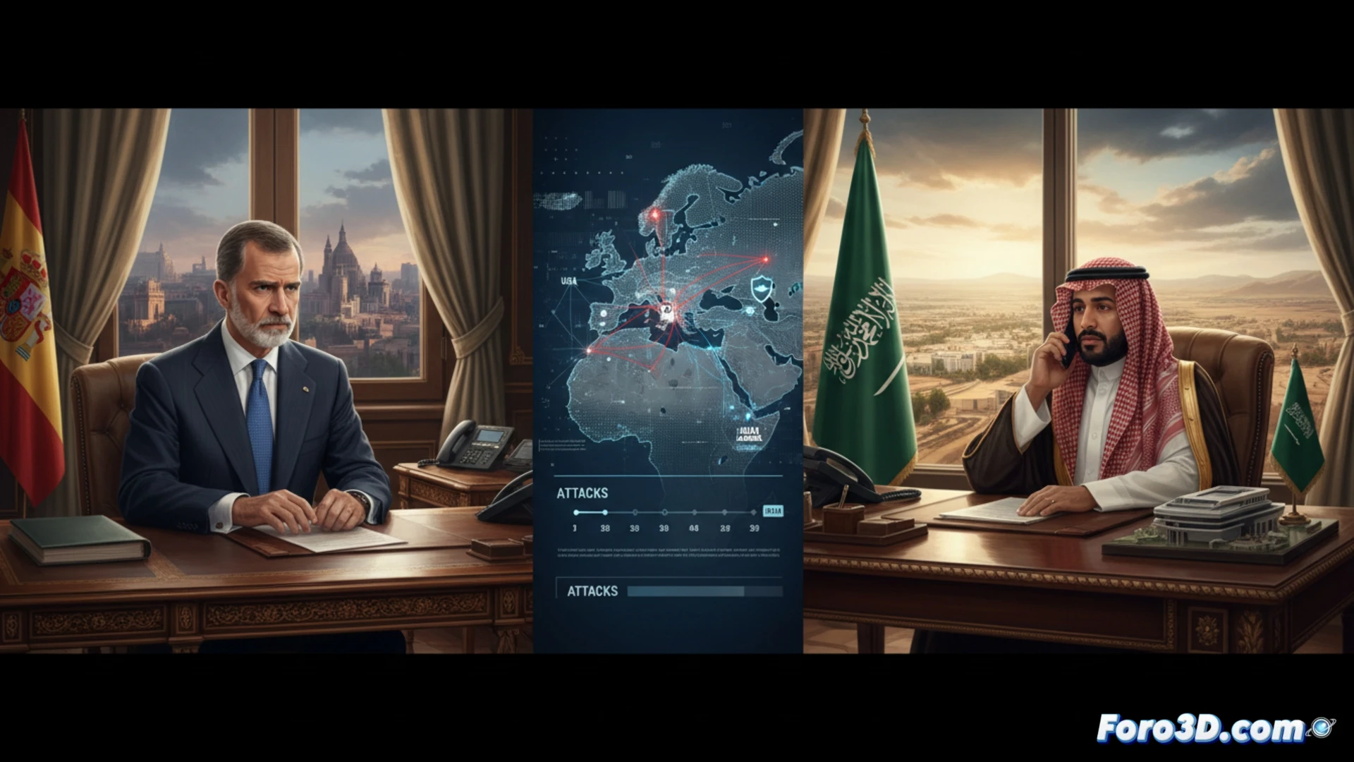 Mapa 3D de rutas marítimas globales con puntos críticos en Oriente Próximo resaltados en rojo.