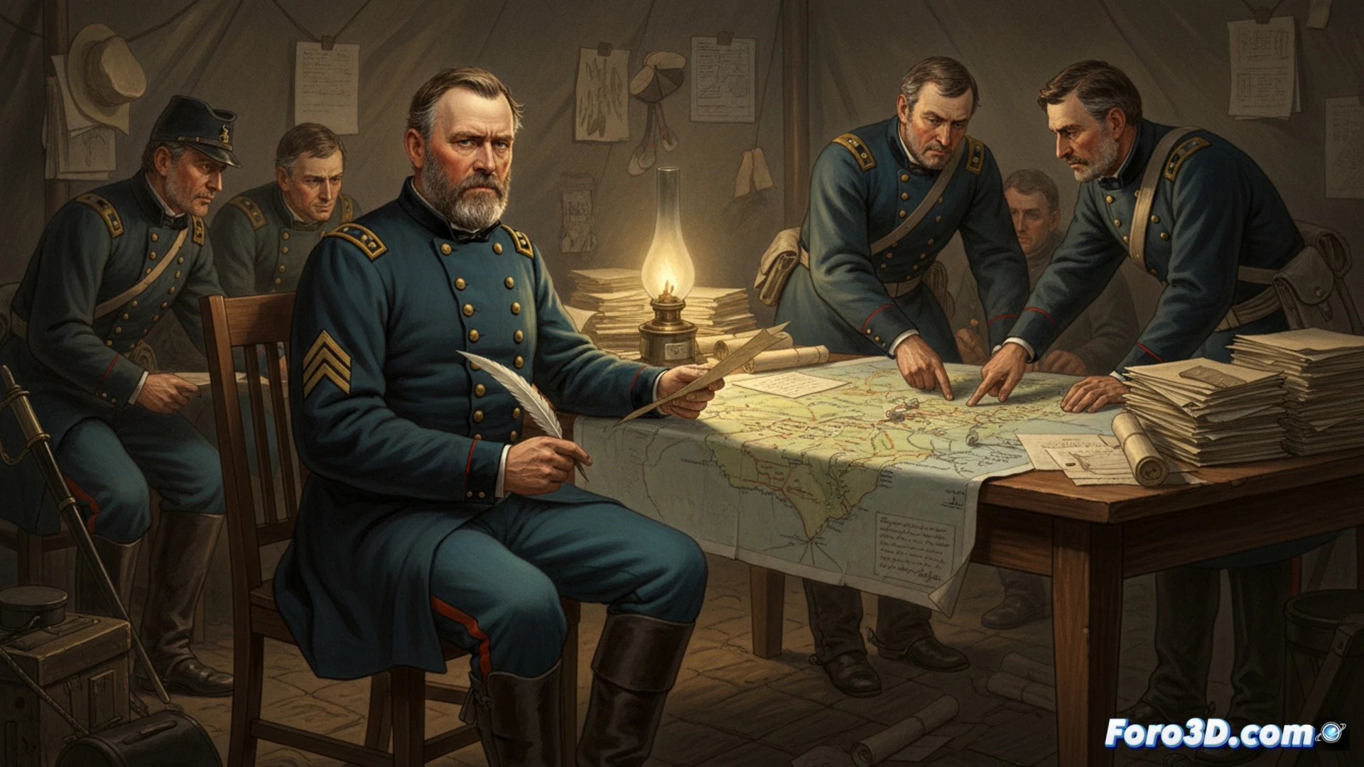 Mapa 3D de un campo de batalla de la Guerra Civil, con formaciones de tropas y movimientos tácticos superpuestos, generado desde datos historicos.