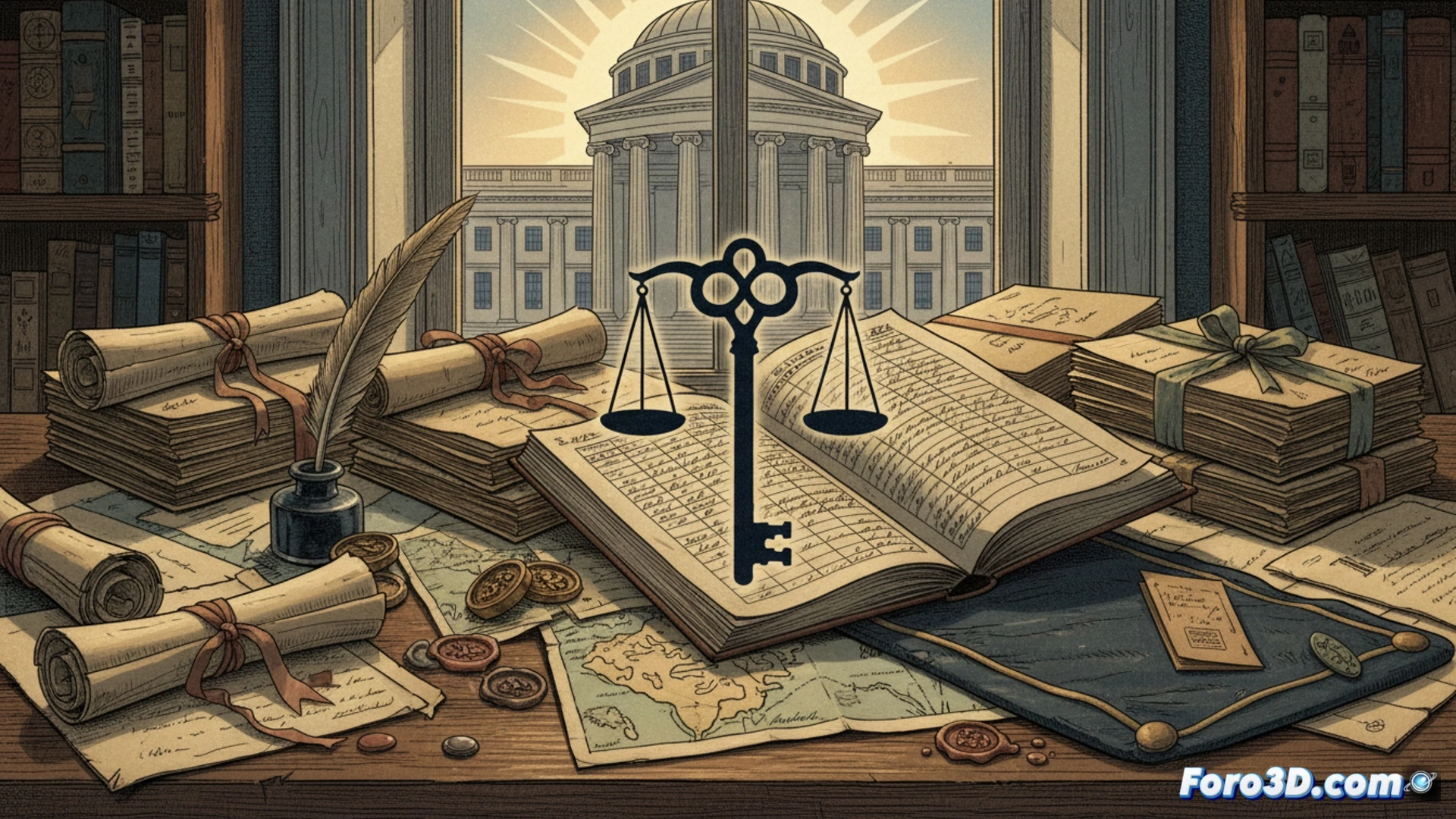 Modelo 3D de un documento fundacional de Hamilton, con anotaciones y graficos que emergen como estructuras arquitectonicas desde el papel.