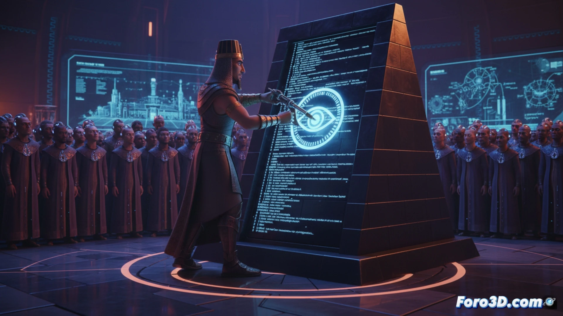 Una mano sostiene un antiguo disco de piedra con circuitos luminosos grabados, fusionando tecnología y arqueología.