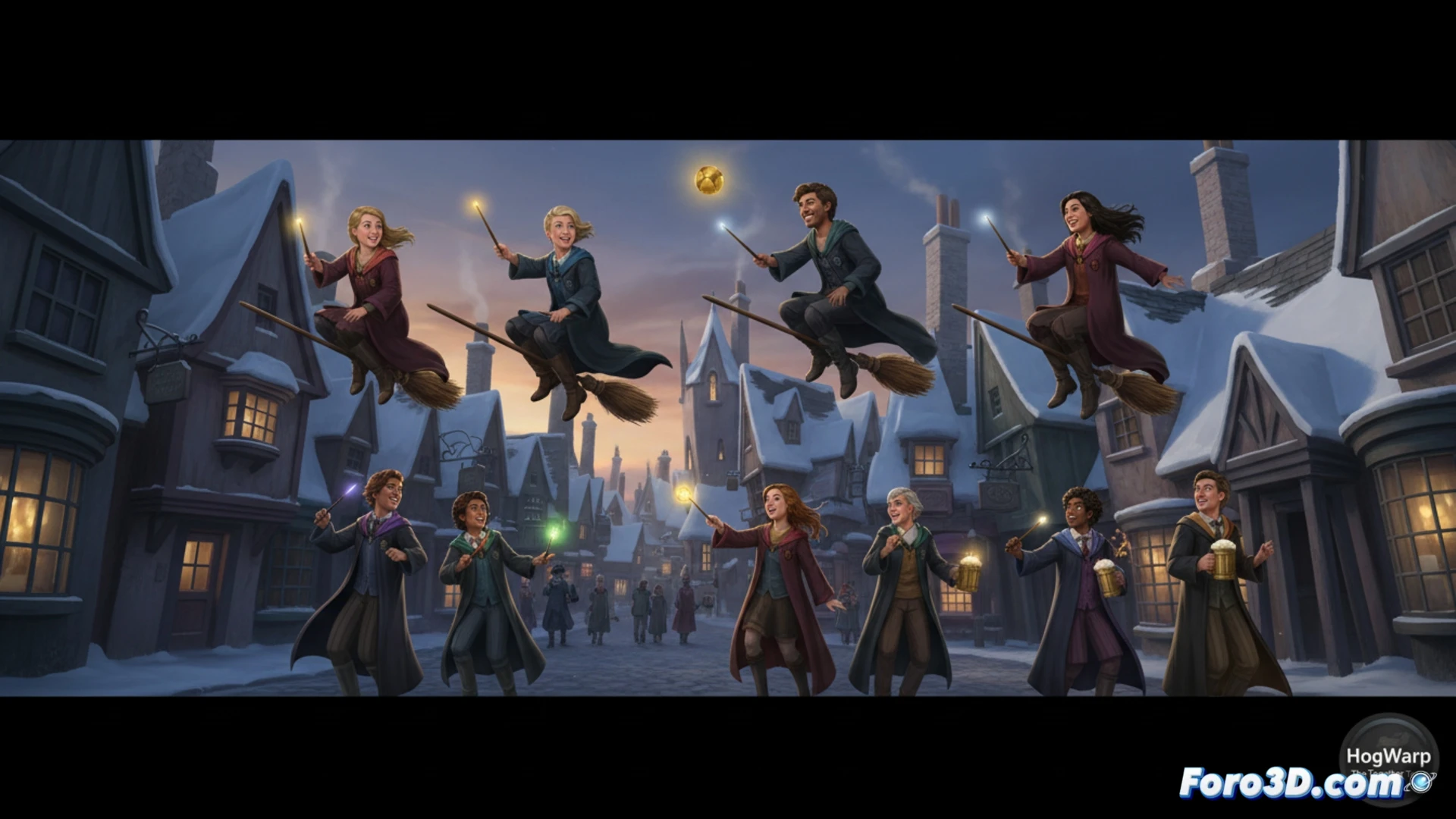 Un grupo de estudiantes de Hogwarts, jugadores multijugador, vuela en escobas sobre el castillo iluminado.