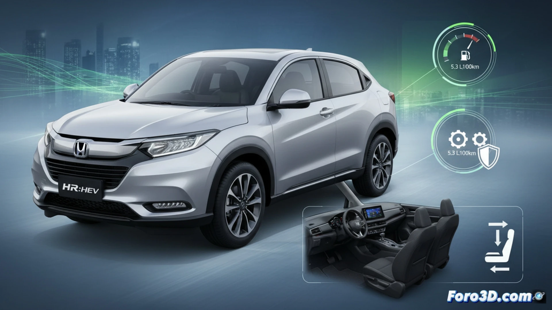 Modelo 3D alámbrico del Honda HR-V e:HEV mostrando su diseño exterior aerodinámico y la disposición de su sistema híbrido.
