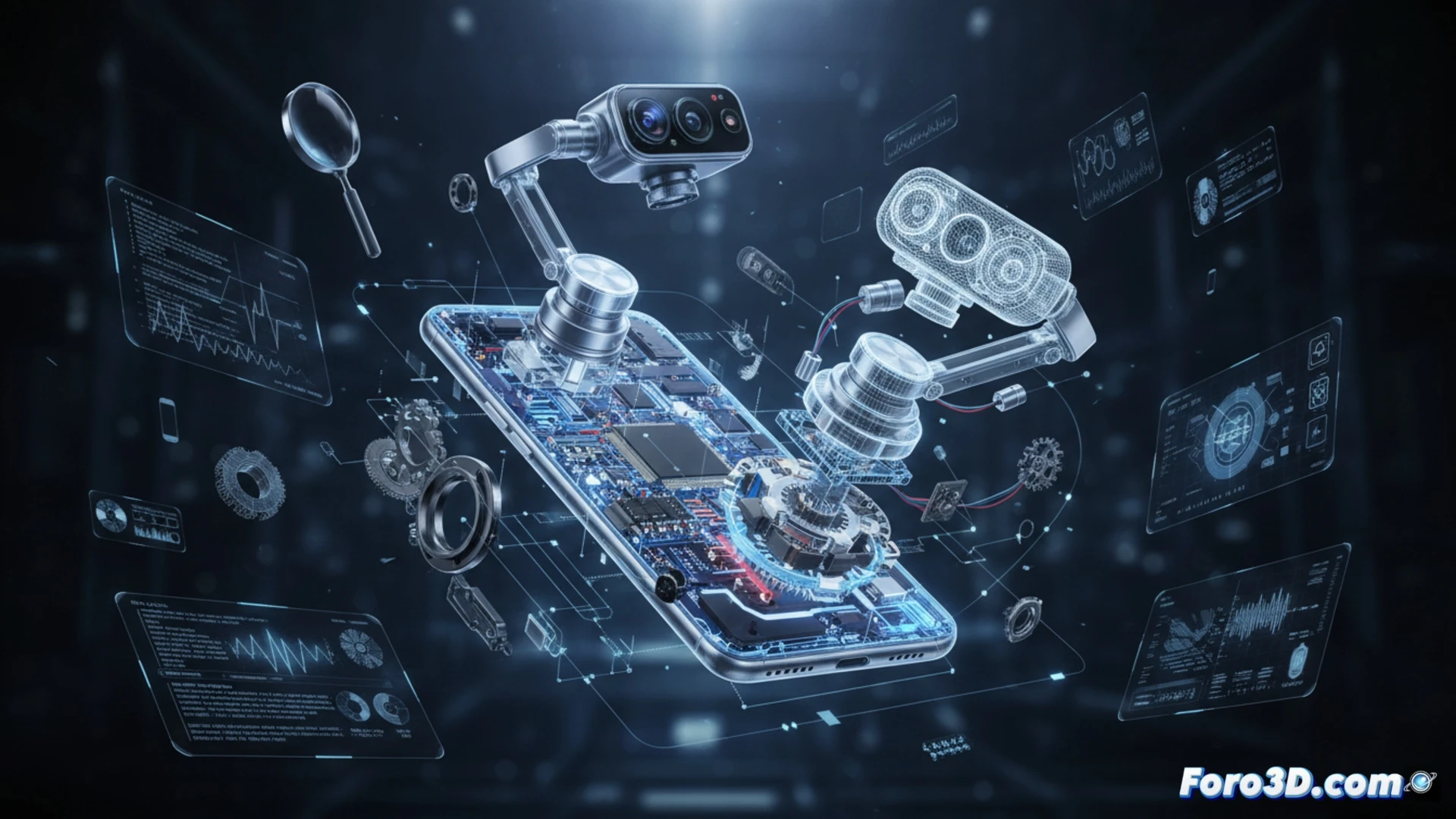 Prototipo de teléfono Honor con brazos robóticos desplegados, mostrando el complejo gimbal de tres ejes en detalle.