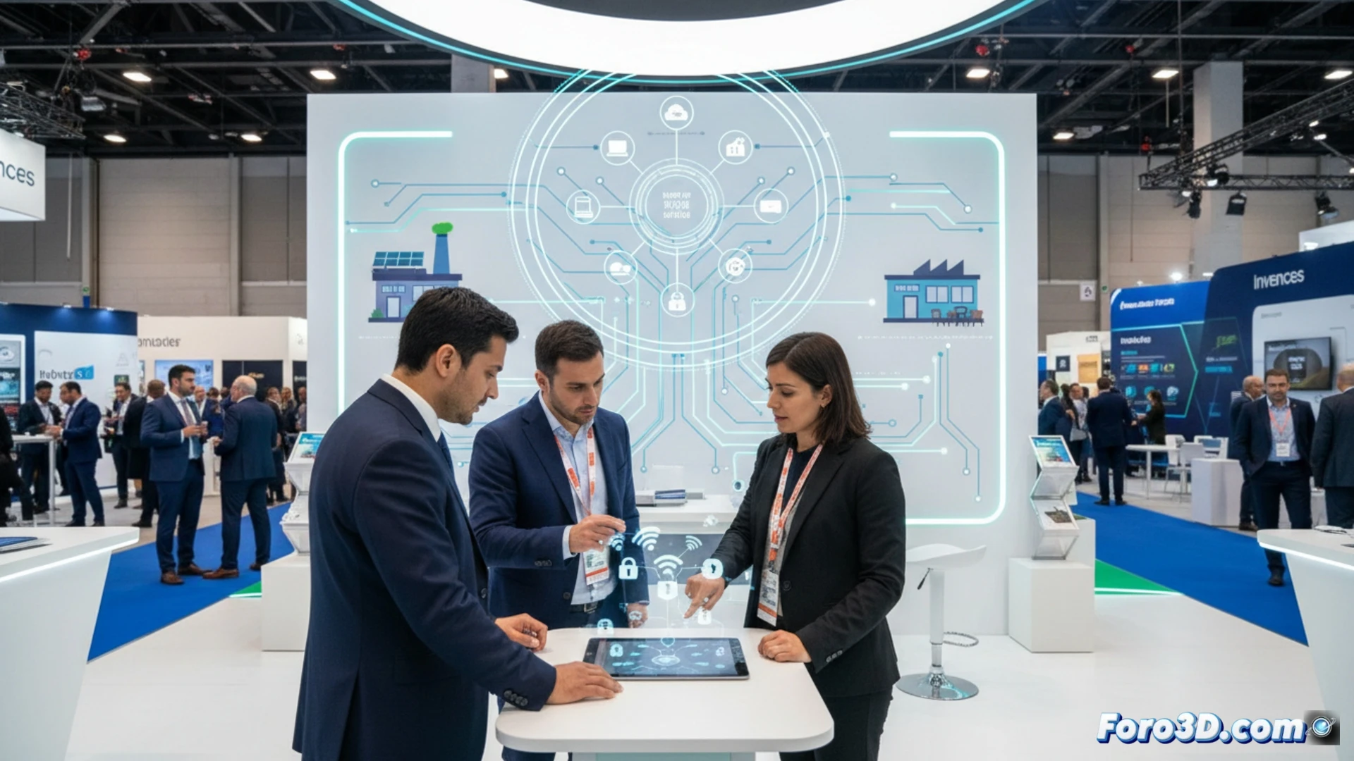 Ingeniero explica diagrama de red inteligente a dueños de pymes en una sala de reuniones moderna.