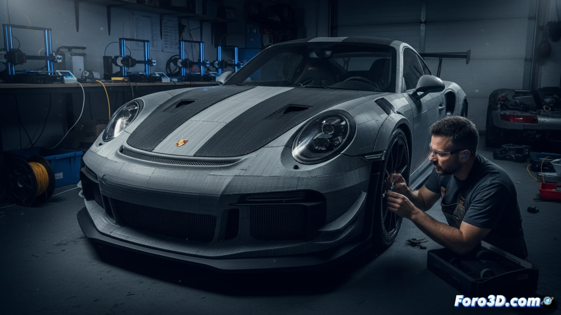 Un Porsche GT3 RS blanco con detalles en azul, construido con paneles de carrocería impresos en 3D, posado en un garaje de proyecto.