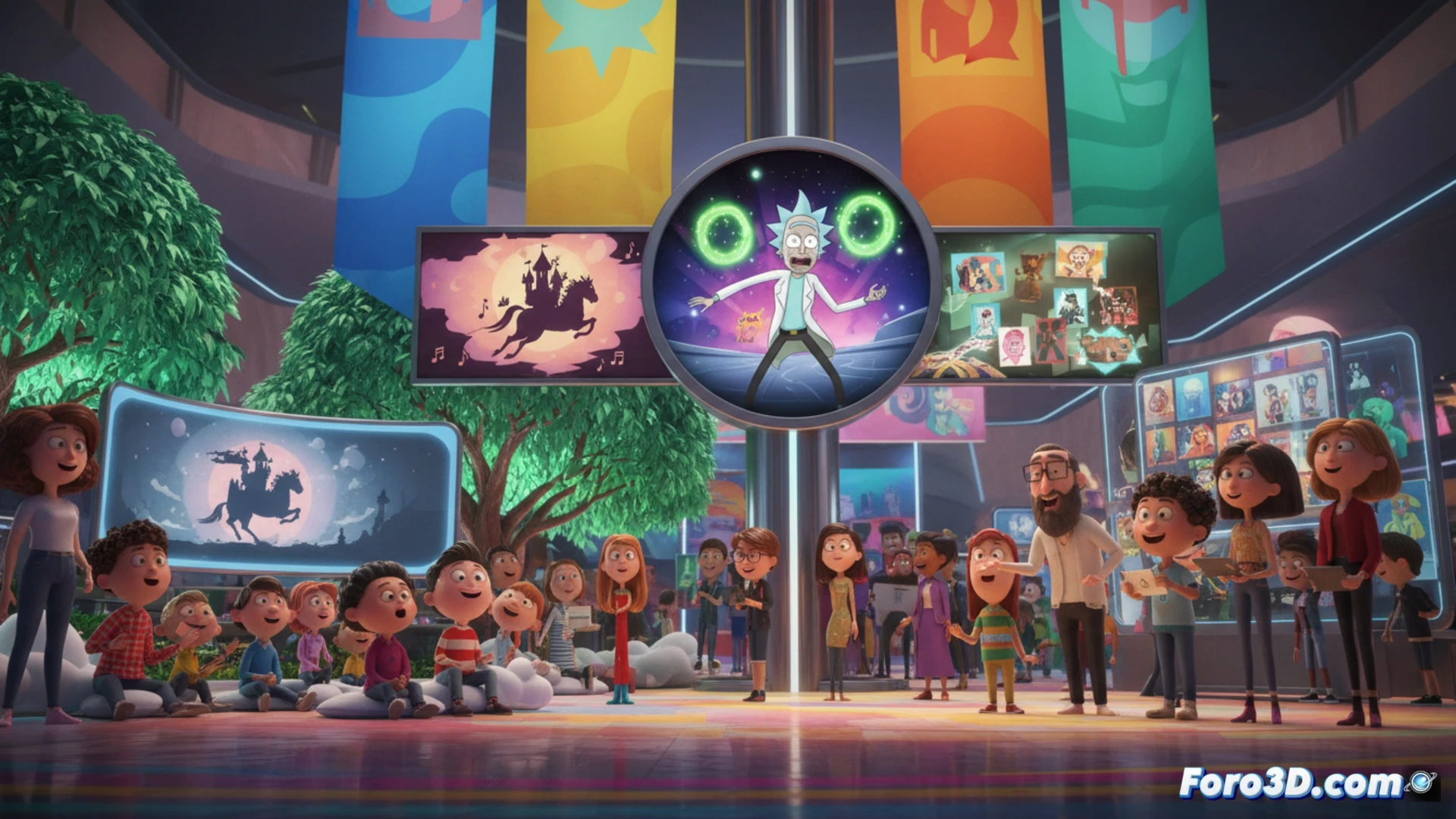 Fachada moderna del ITFS con proyecciones de personajes animados en Stuttgart durante una noche vibrante.