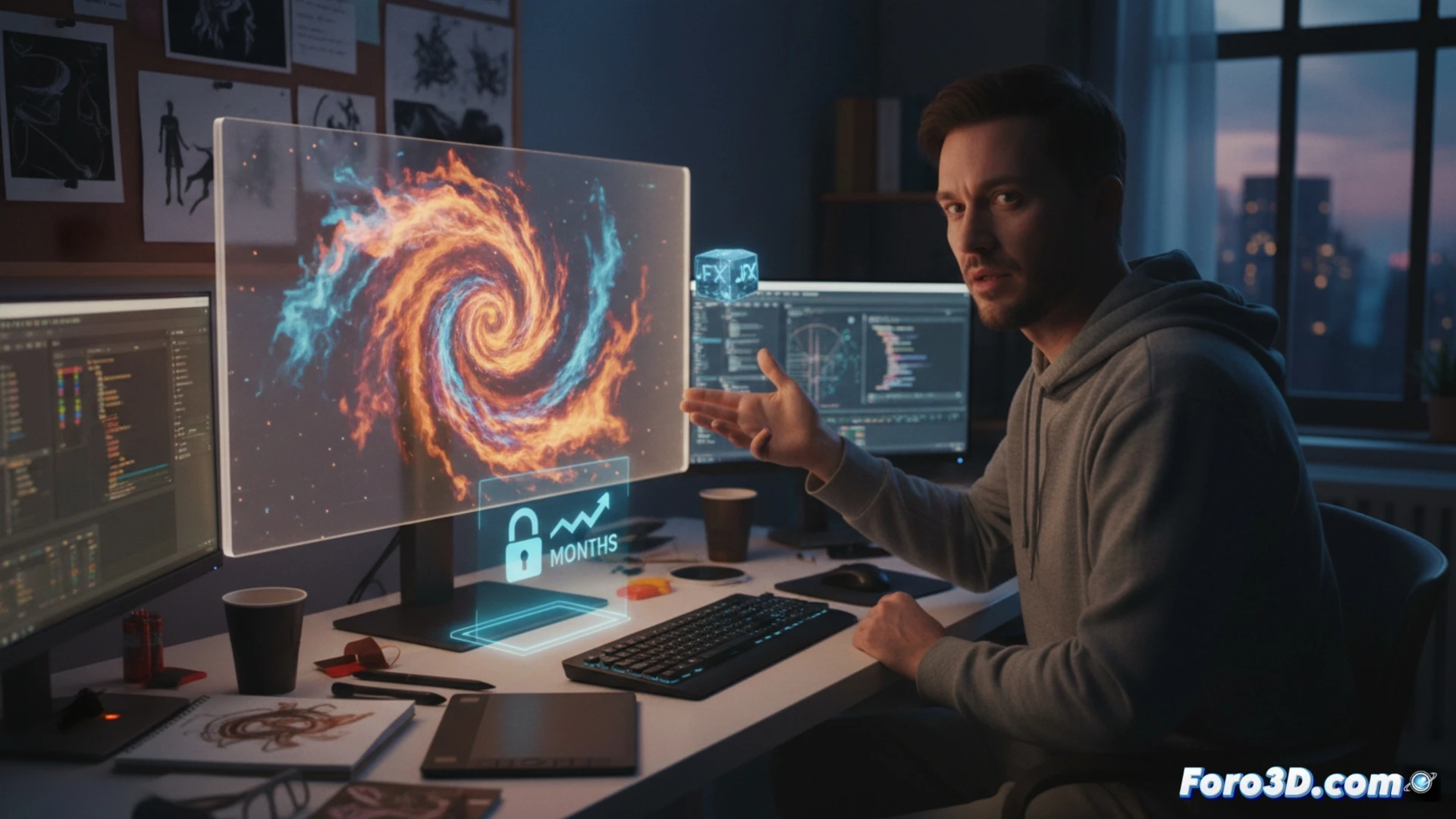 Un artista frente a su ordenador, con la interfaz de JangaFX, creando efectos visuales espectaculares para su portfolio durante un periodo de transición profesional.