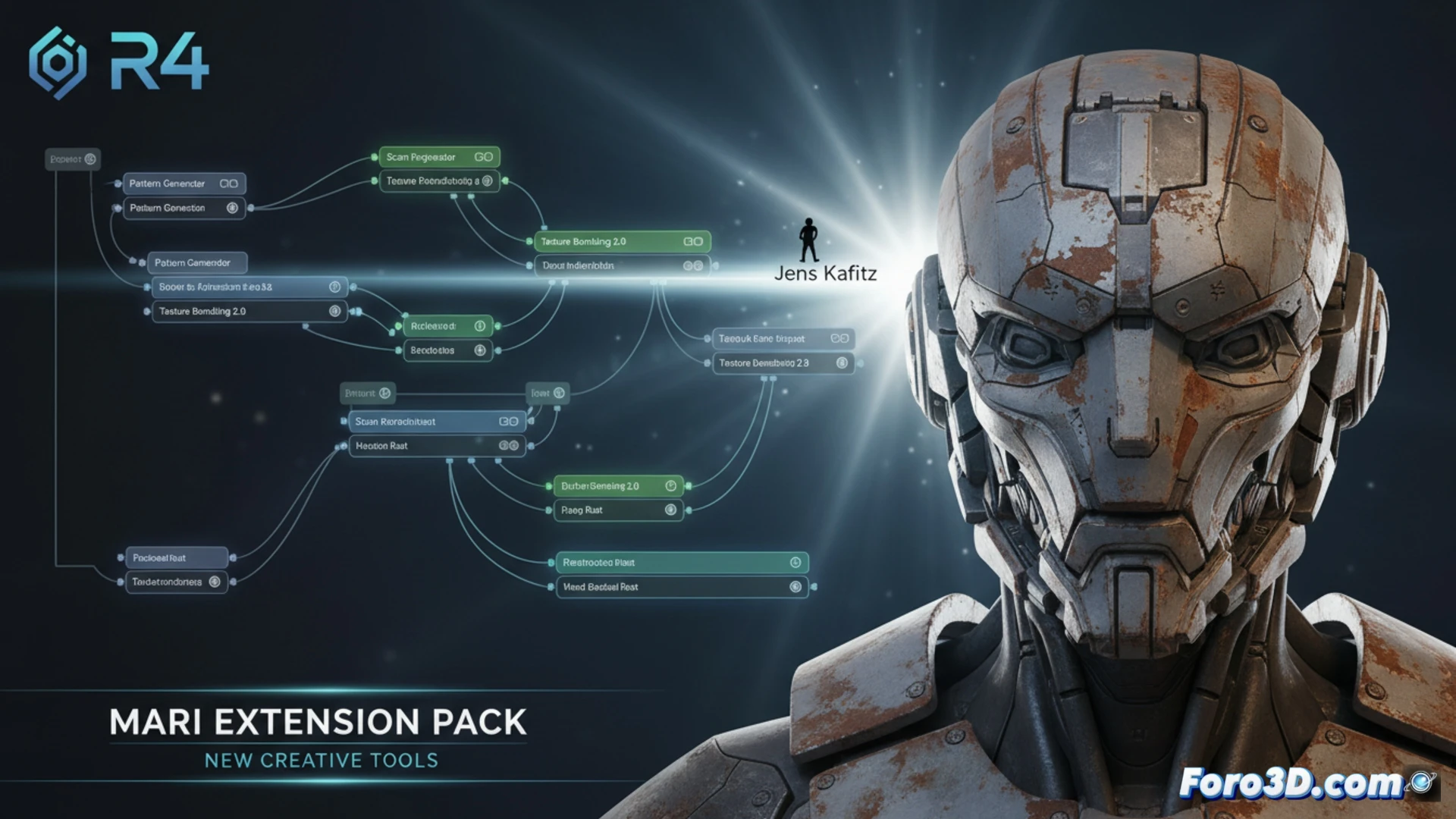 Un panel de Mari con más de 40 nuevos nodos, destacando herramientas de fusión y generadores de patrones, sobre un fondo de interfaz de software 3D.