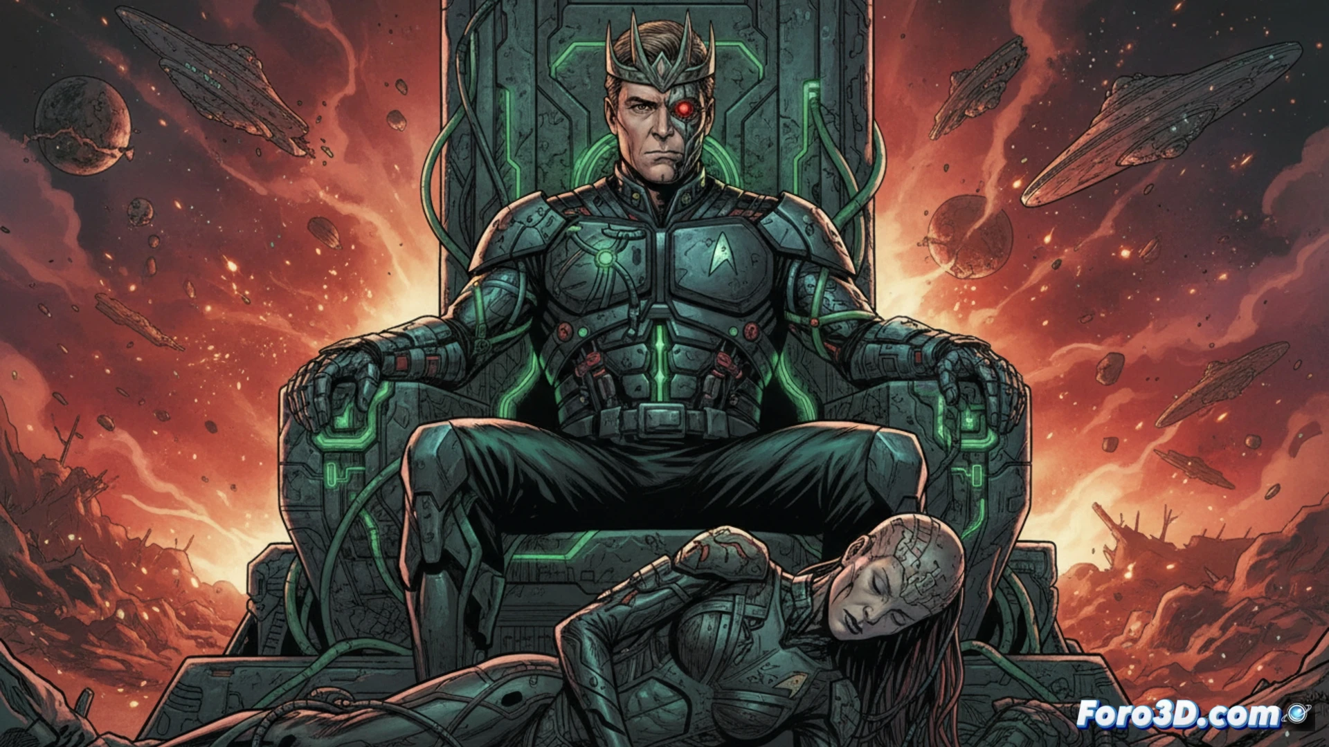 Un Borg con rasgos del Capitán Kirk, con túnica real y fondo de cubierta de nave estelar y tecnología cibernetica.