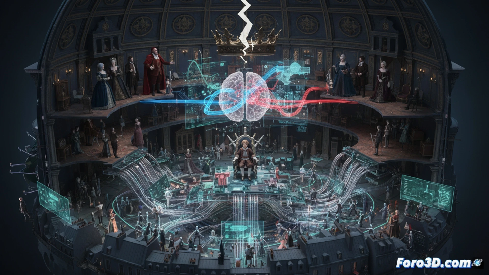 Un mapa 3D de nodos y conexiones revela la red de intrigas y alianzas de la Fronda en el palacio de Versalles.