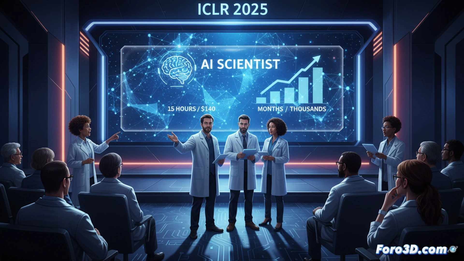 Un brazo robotico escribe en un pizarron mientras un fondo de datos y formulas simboliza el conocimiento generado por IA.