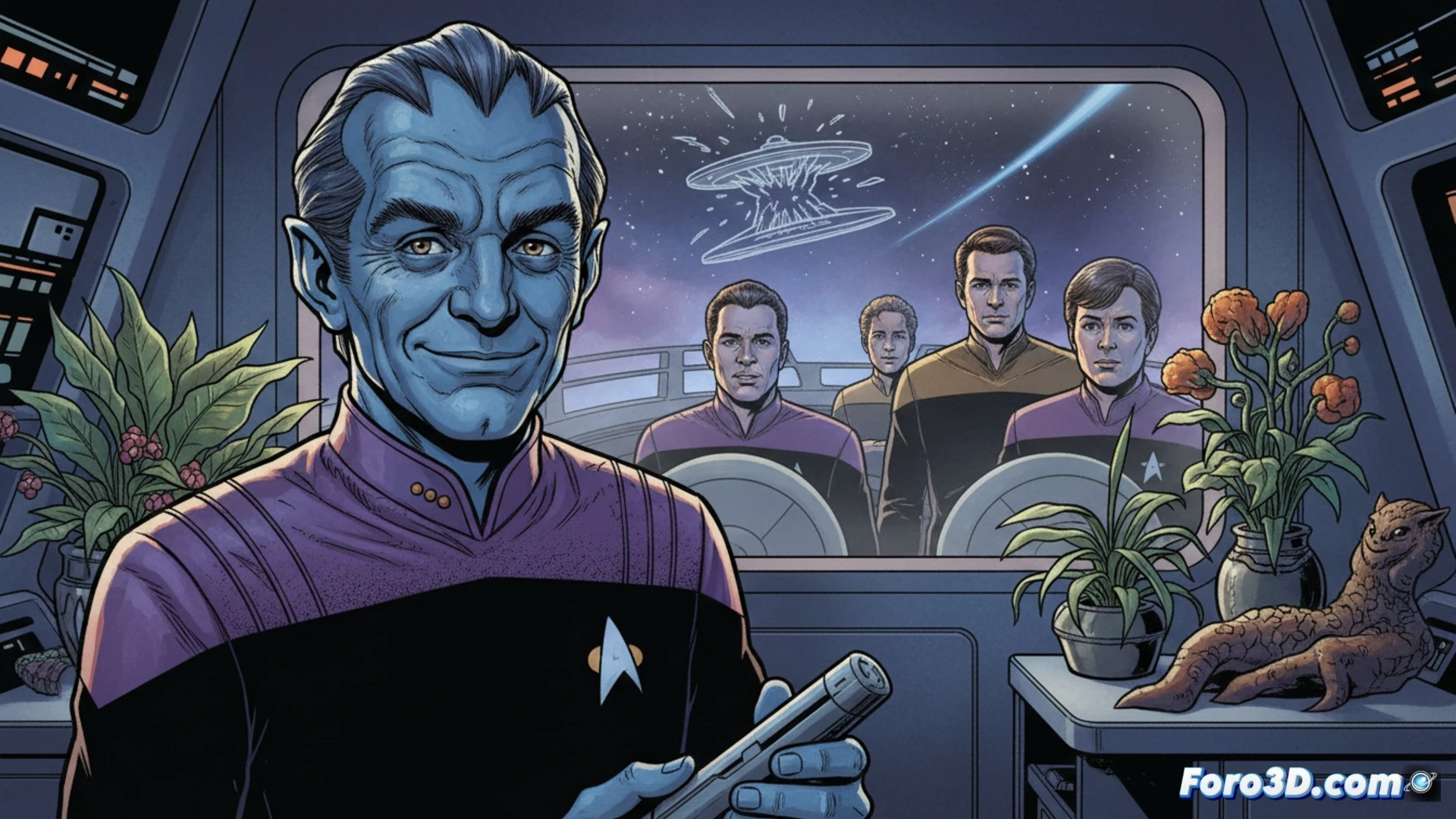 Primer plano del Dr. Phlox de Star Trek con una sonrisa sabia y curiosa, en la enfermeria de la Enterprise.